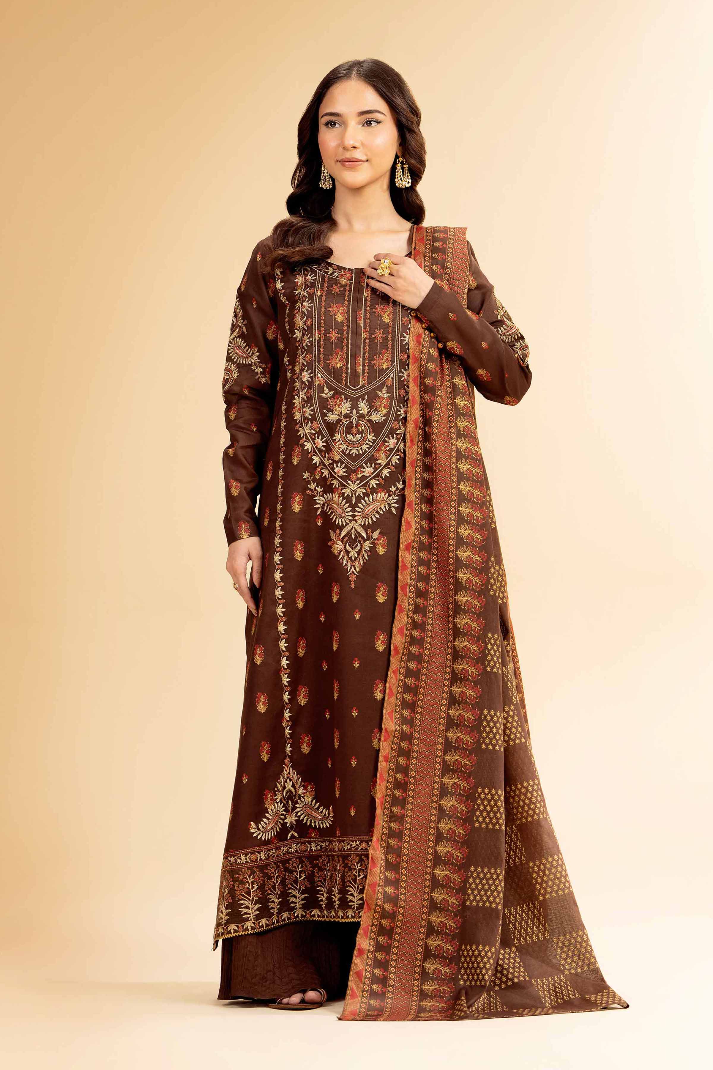 3 Piece - Gold Printed Embroidered Suit - 42501418 for Women - Unstitched Collection | Nishat | Shop Online