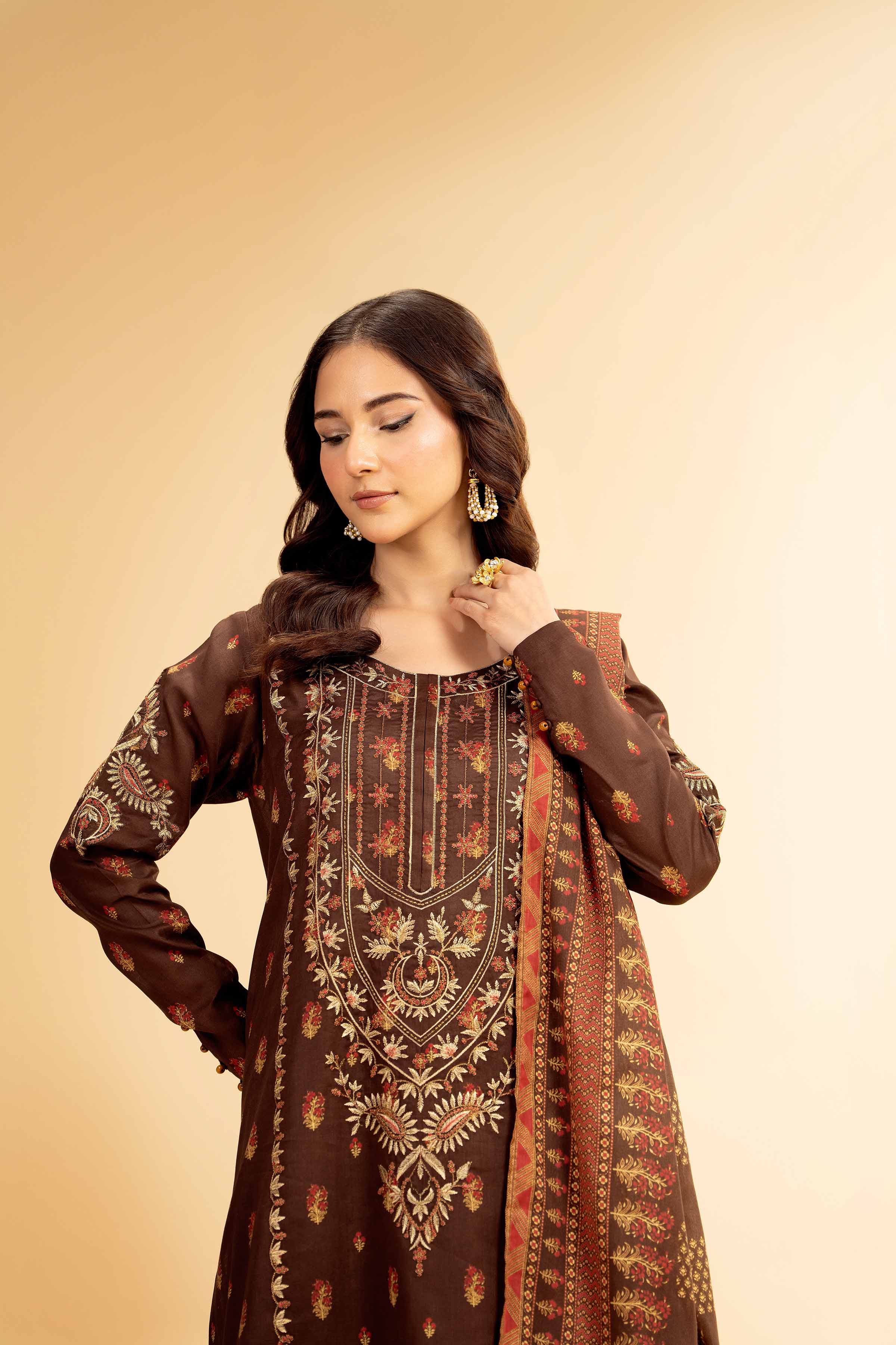 3 Piece - Gold Printed Embroidered Suit - 42501418 for Women - Unstitched Collection | Nishat | Shop Online