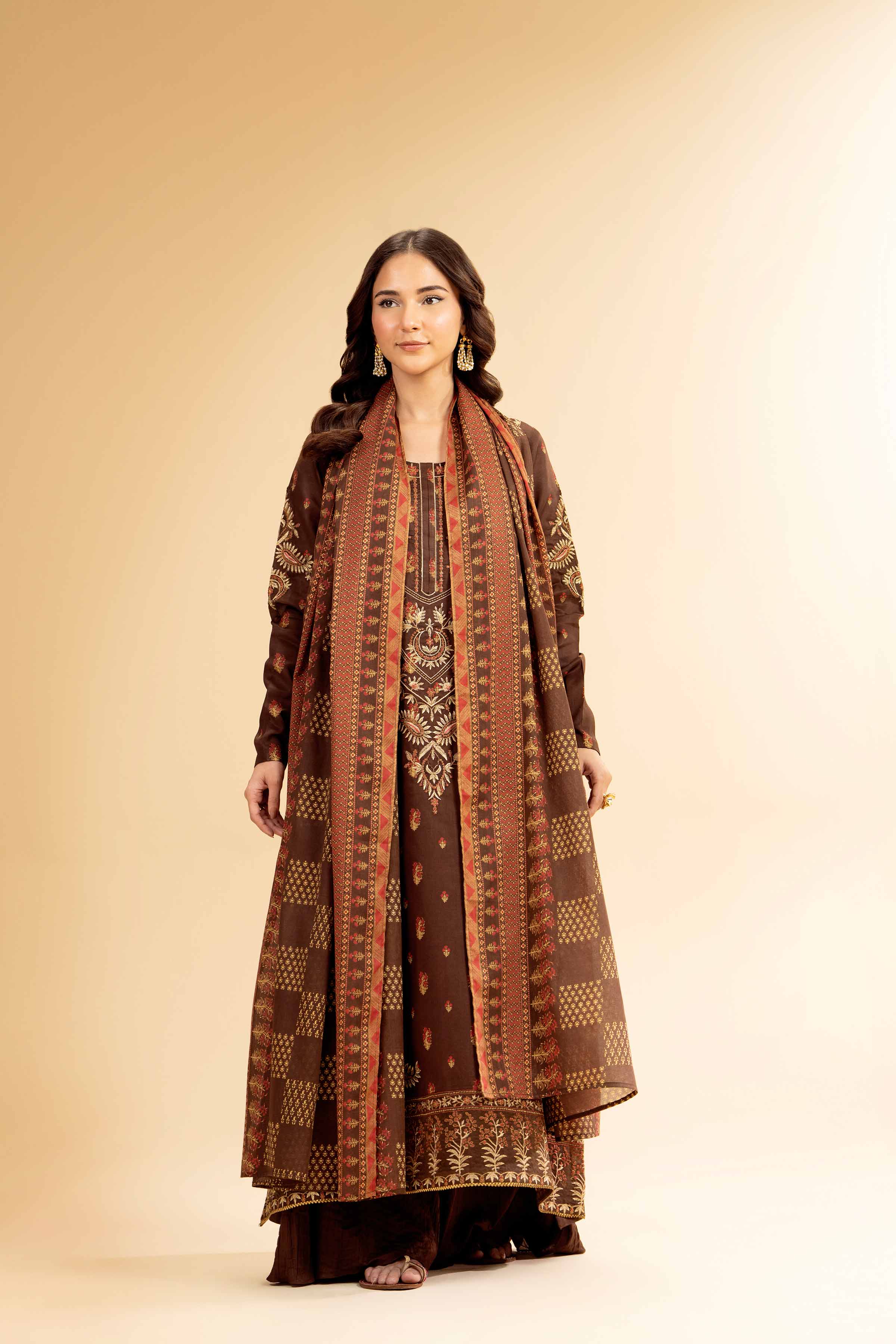 3 Piece - Gold Printed Embroidered Suit - 42501418 for Women - Unstitched Collection | Nishat | Shop Online