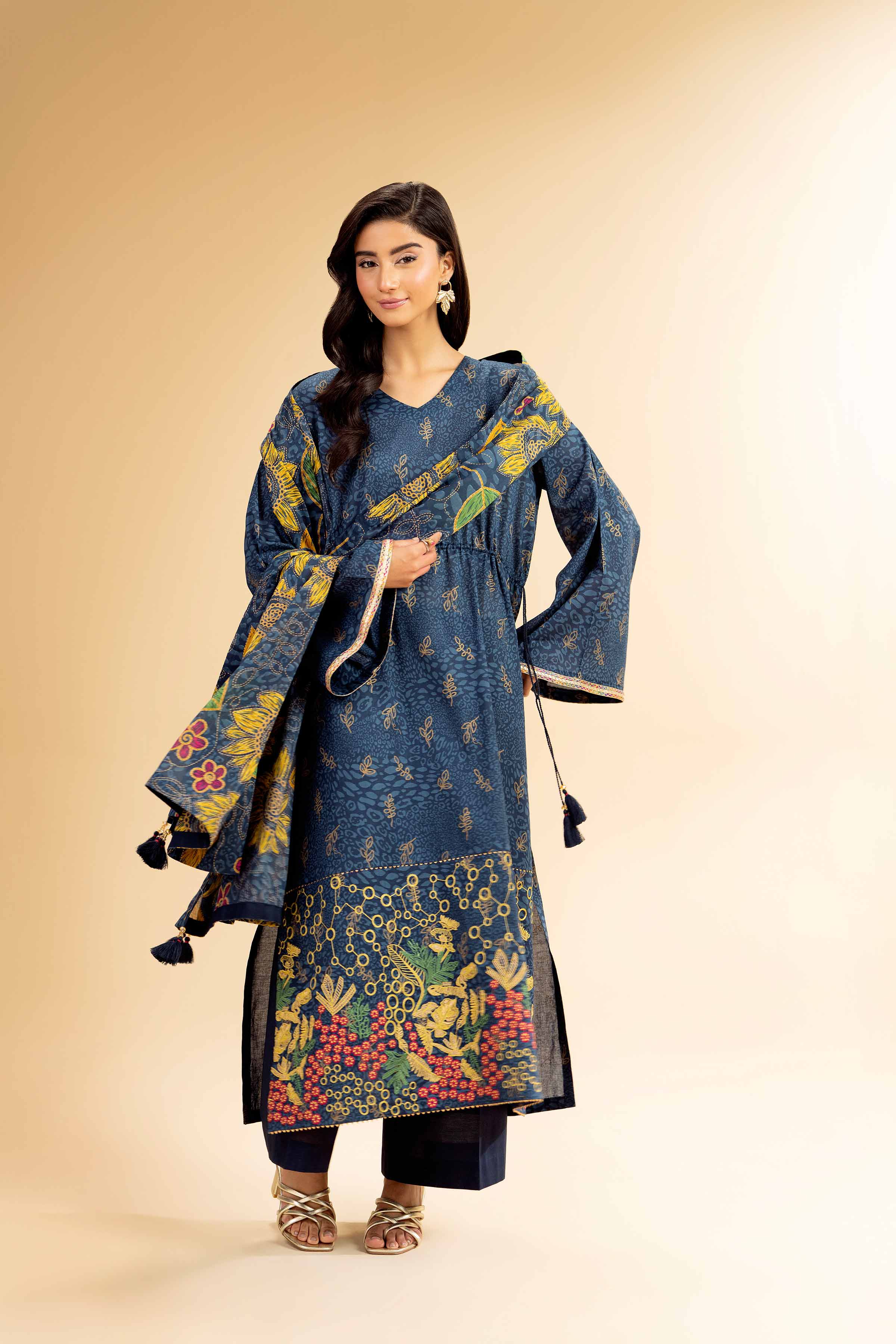 3 Piece - Gold Printed Embroidered Suit - 42501419 for Women - Unstitched Collection | Nishat | Shop Online