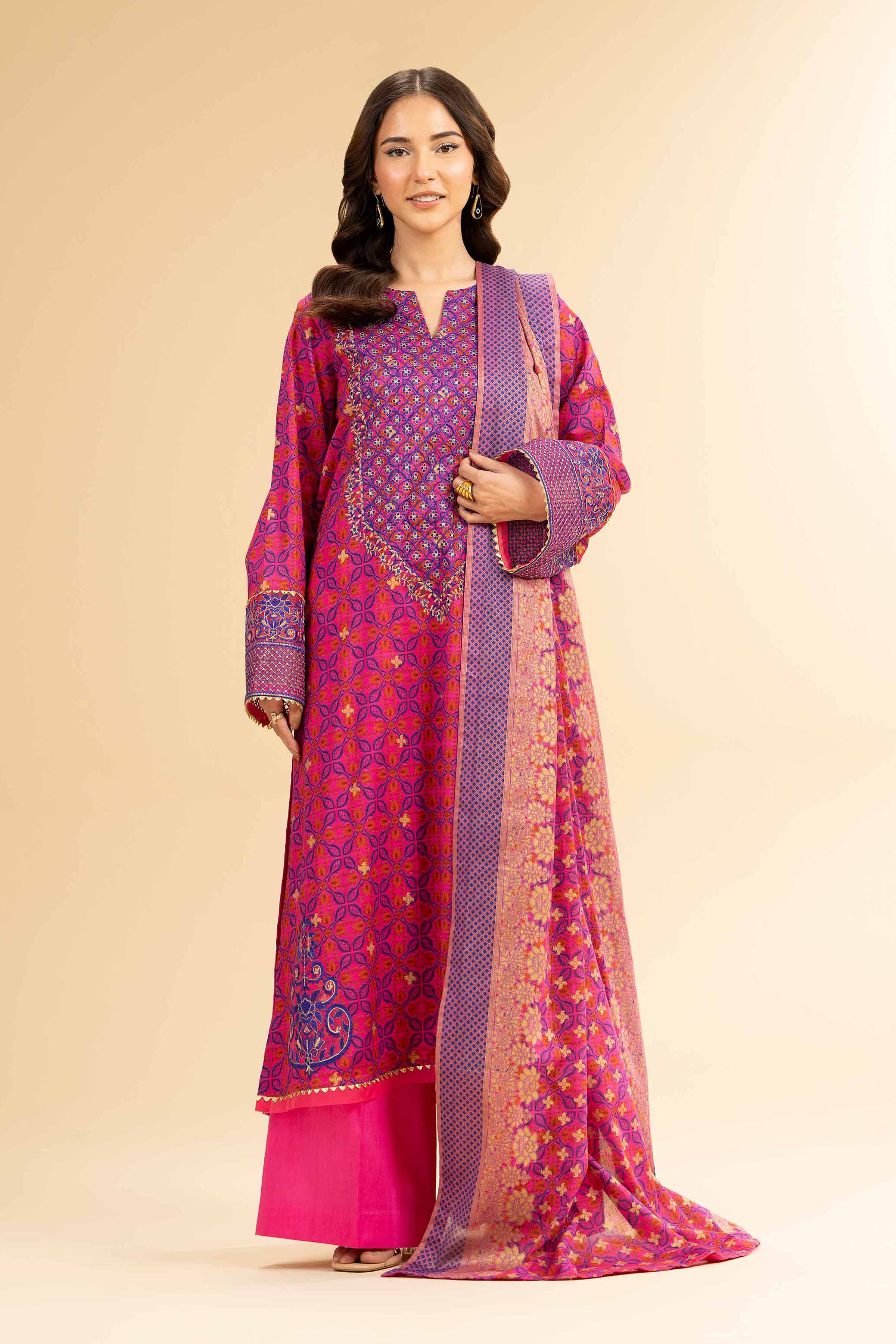 3 Piece - Gold Printed Embroidered Suit - 42501420 for Women - Unstitched Collection | Nishat | Shop Online