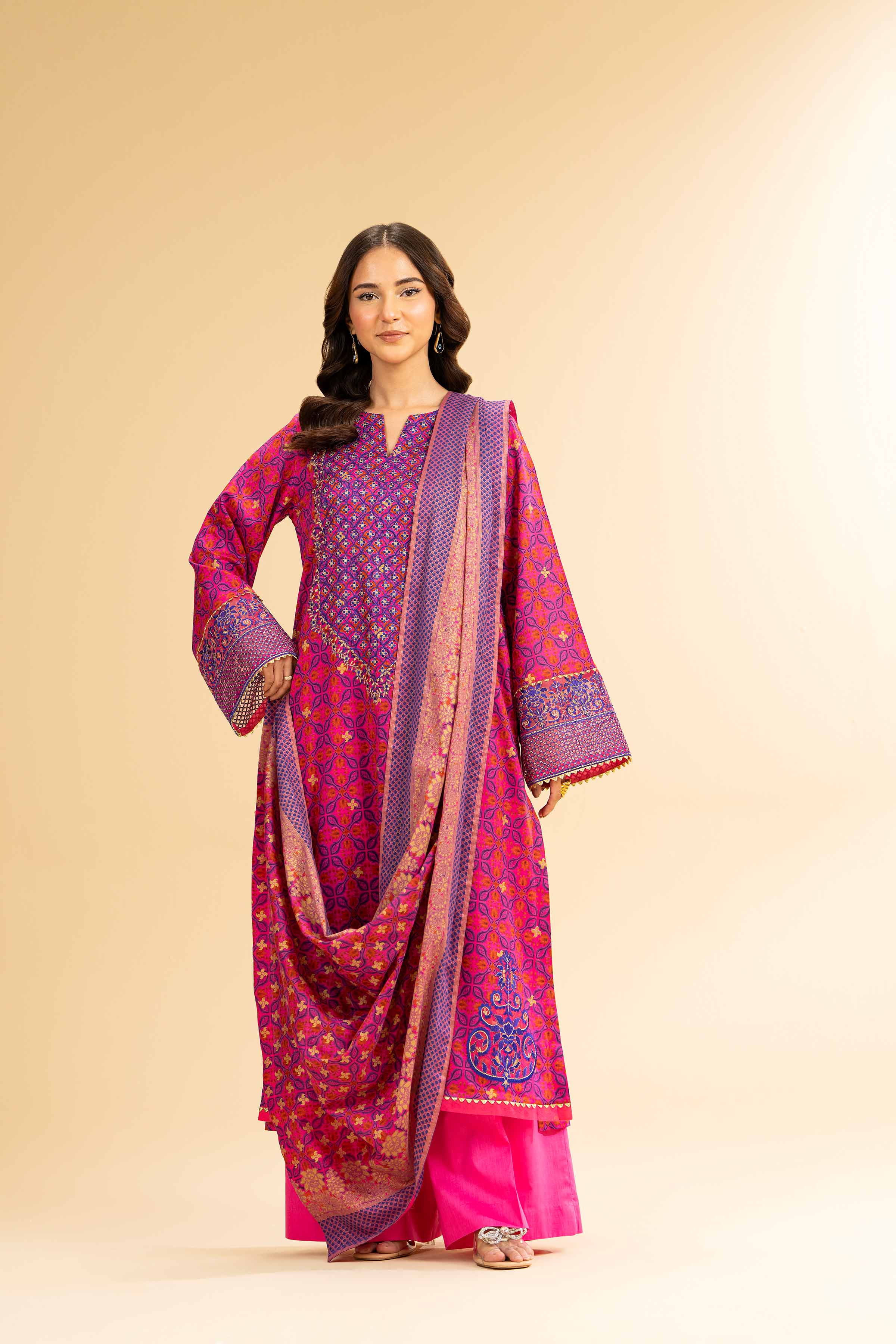 3 Piece - Gold Printed Embroidered Suit - 42501420 for Women - Unstitched Collection | Nishat | Shop Online