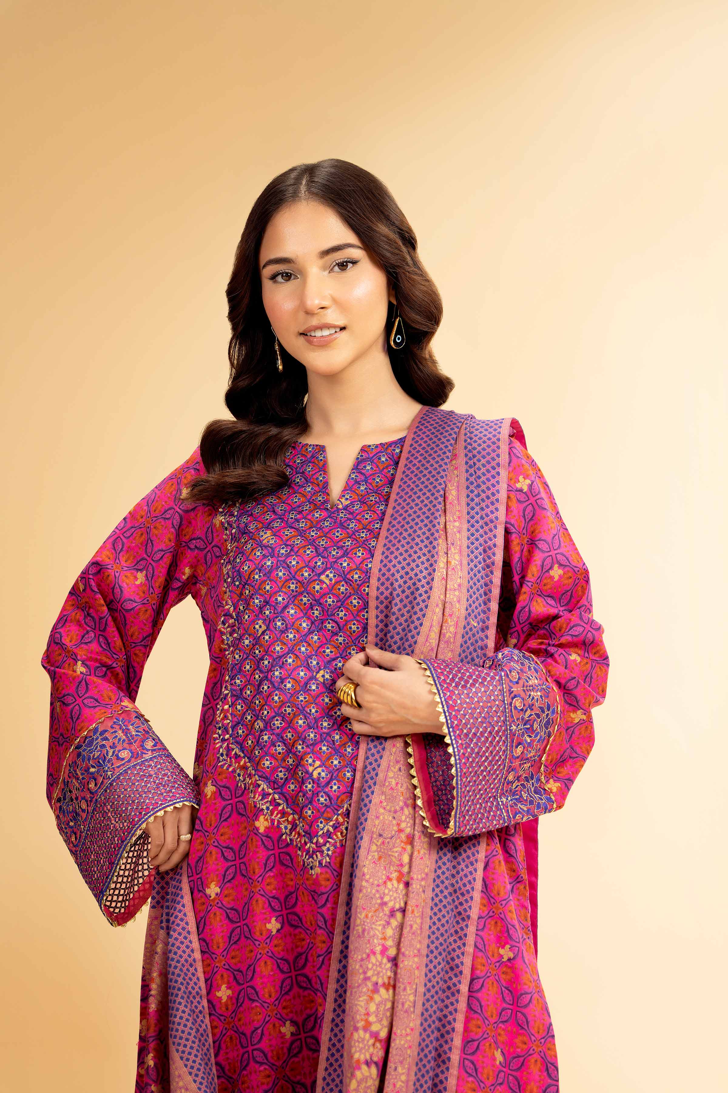 3 Piece - Gold Printed Embroidered Suit - 42501420 for Women - Unstitched Collection | Nishat | Shop Online