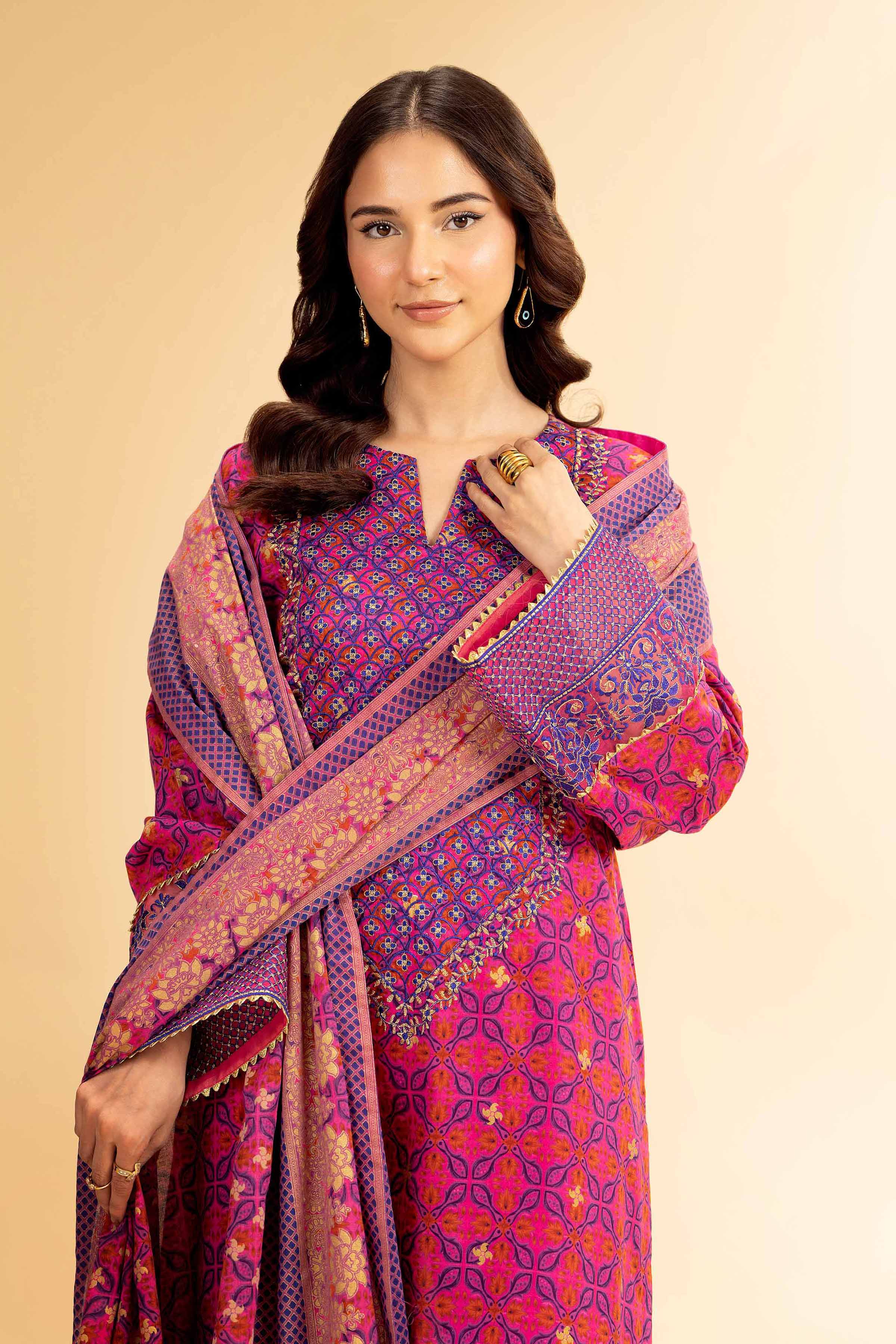 3 Piece - Gold Printed Embroidered Suit - 42501420 for Women - Unstitched Collection | Nishat | Shop Online