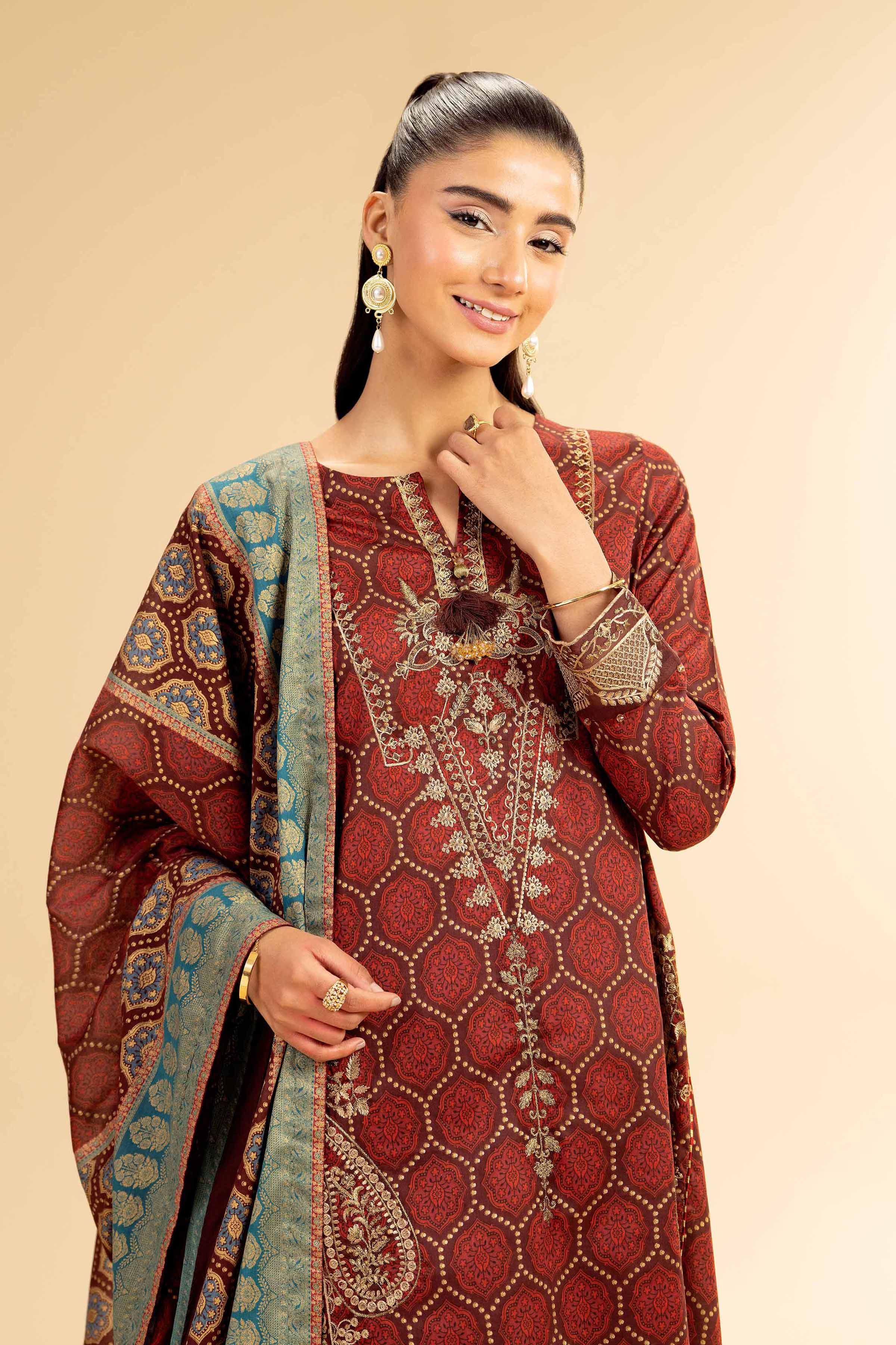 3 Piece - Gold Printed Embroidered Suit - 42501421 for Women - Unstitched Collection | Nishat | Shop Online