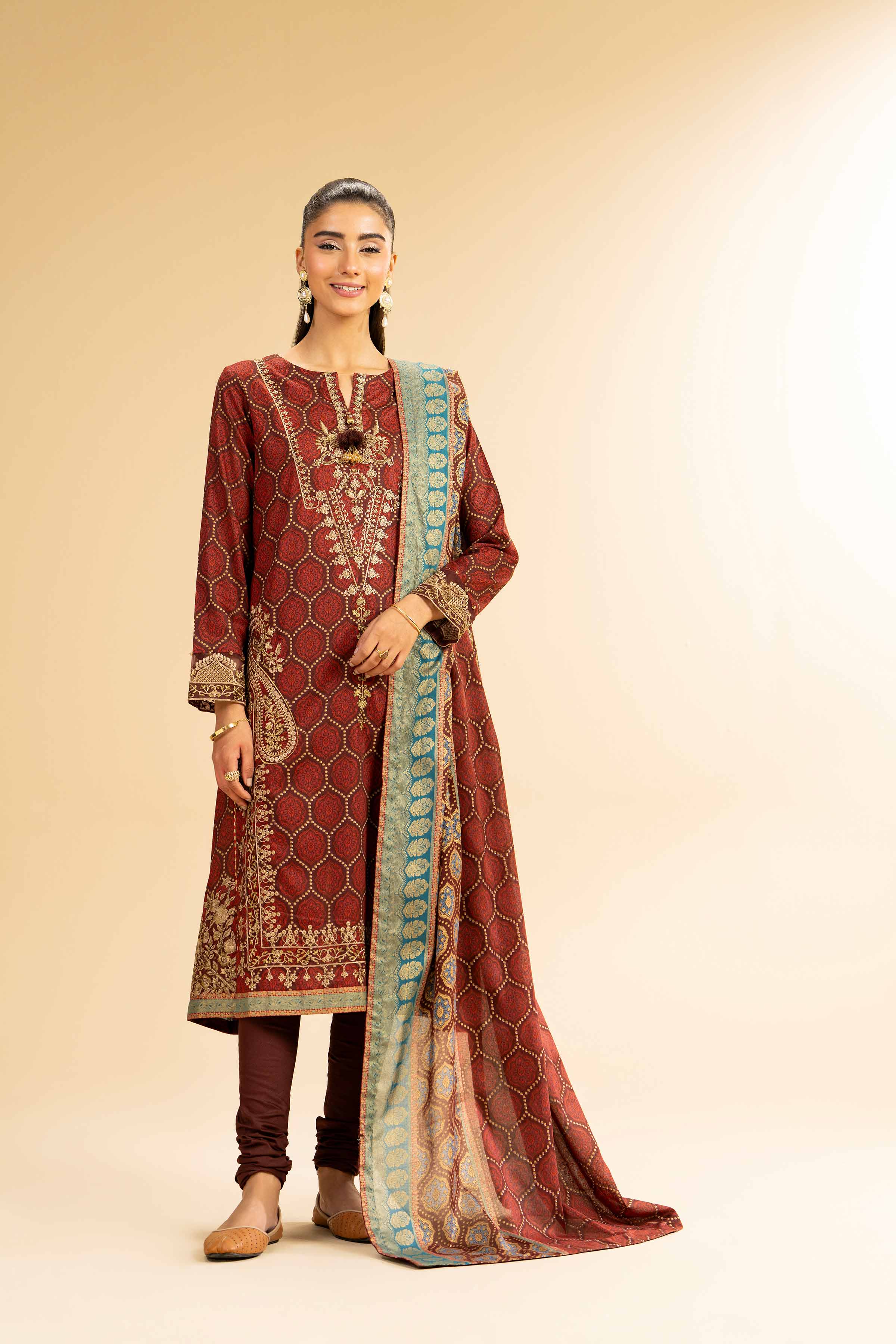 3 Piece - Gold Printed Embroidered Suit - 42501421 for Women - Unstitched Collection | Nishat | Shop Online