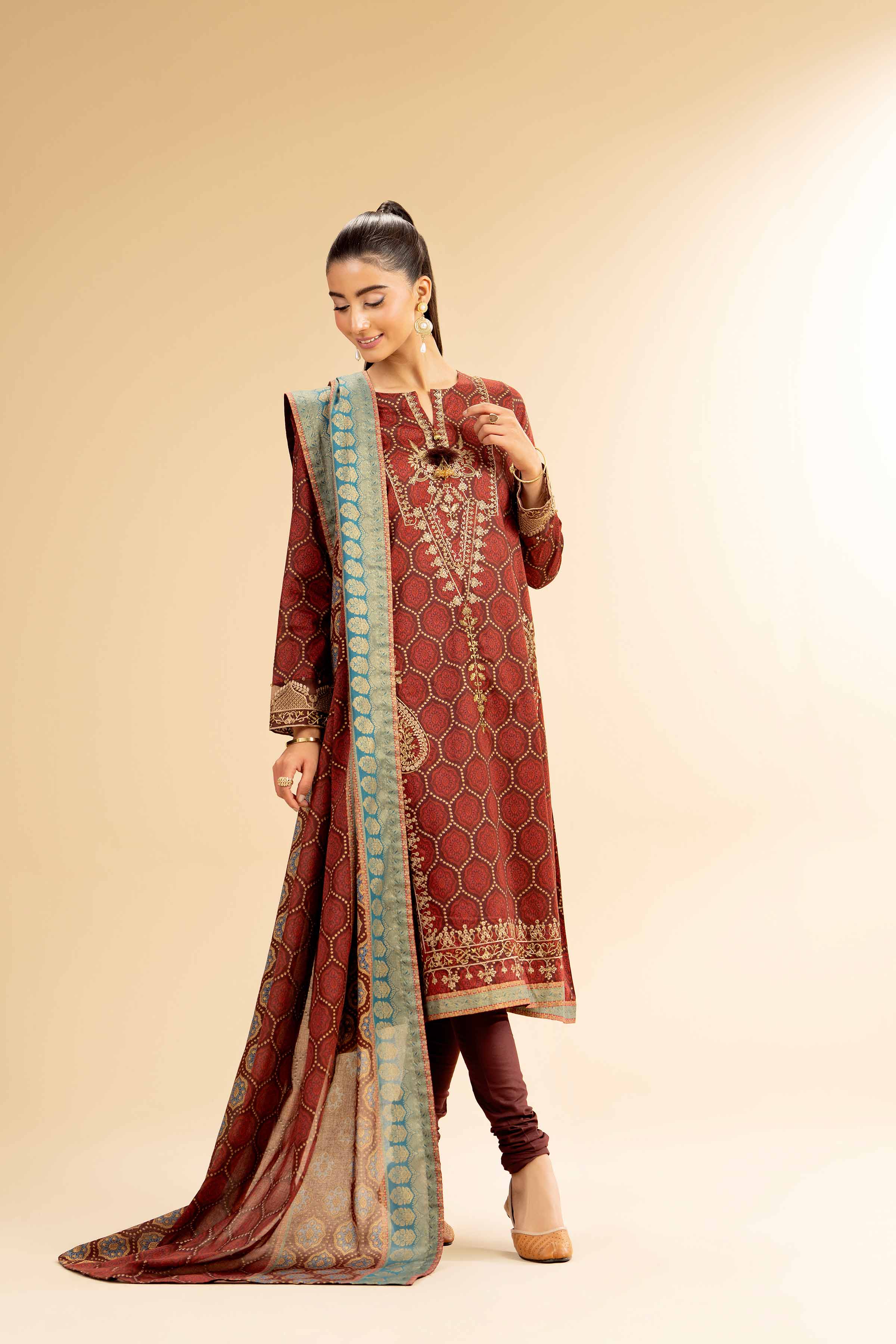 3 Piece - Gold Printed Embroidered Suit - 42501421 for Women - Unstitched Collection | Nishat | Shop Online