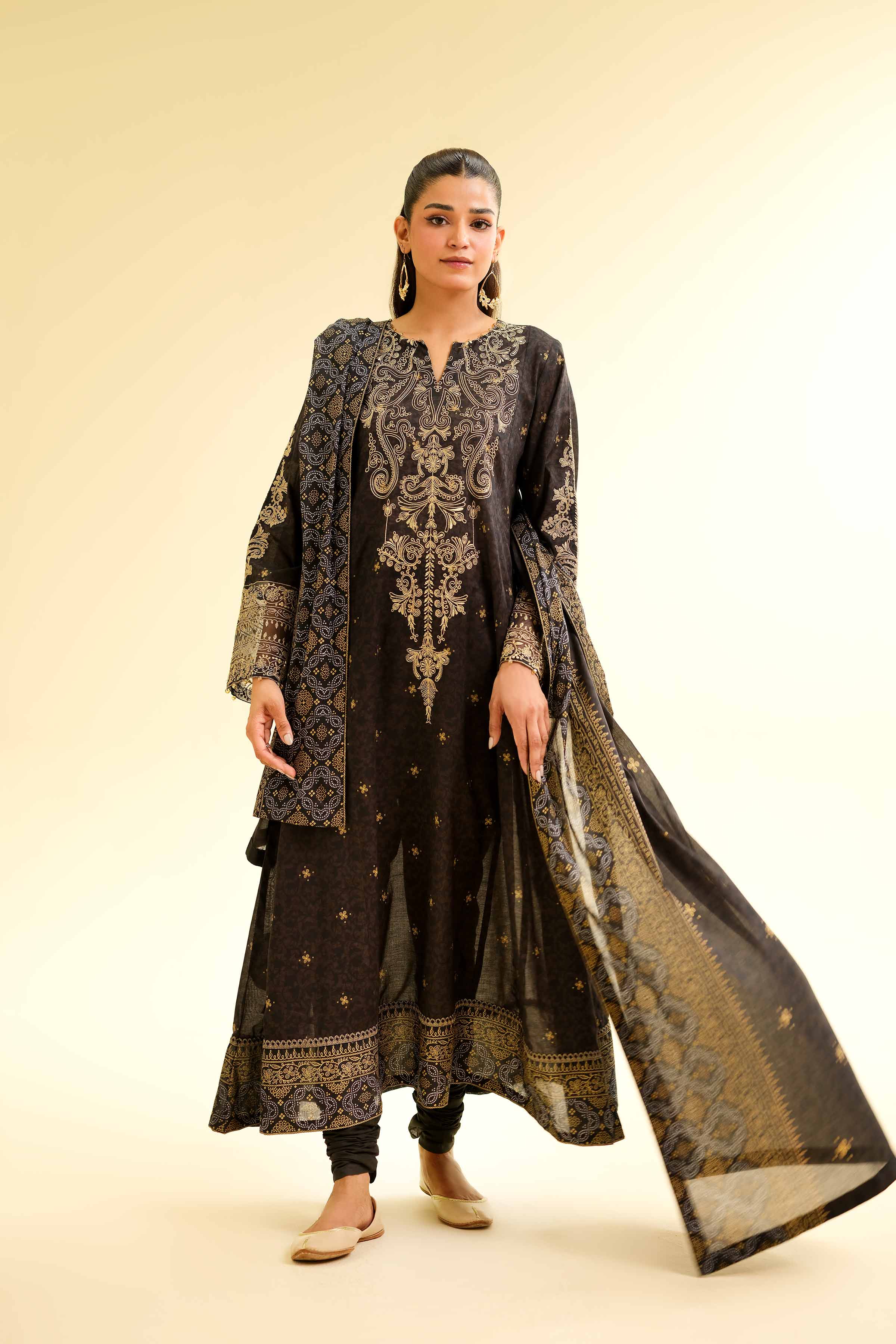 3 Piece - Gold Printed Embroidered Suit - 42501423 for Women - Unstitched Collection | Nishat | Shop Online