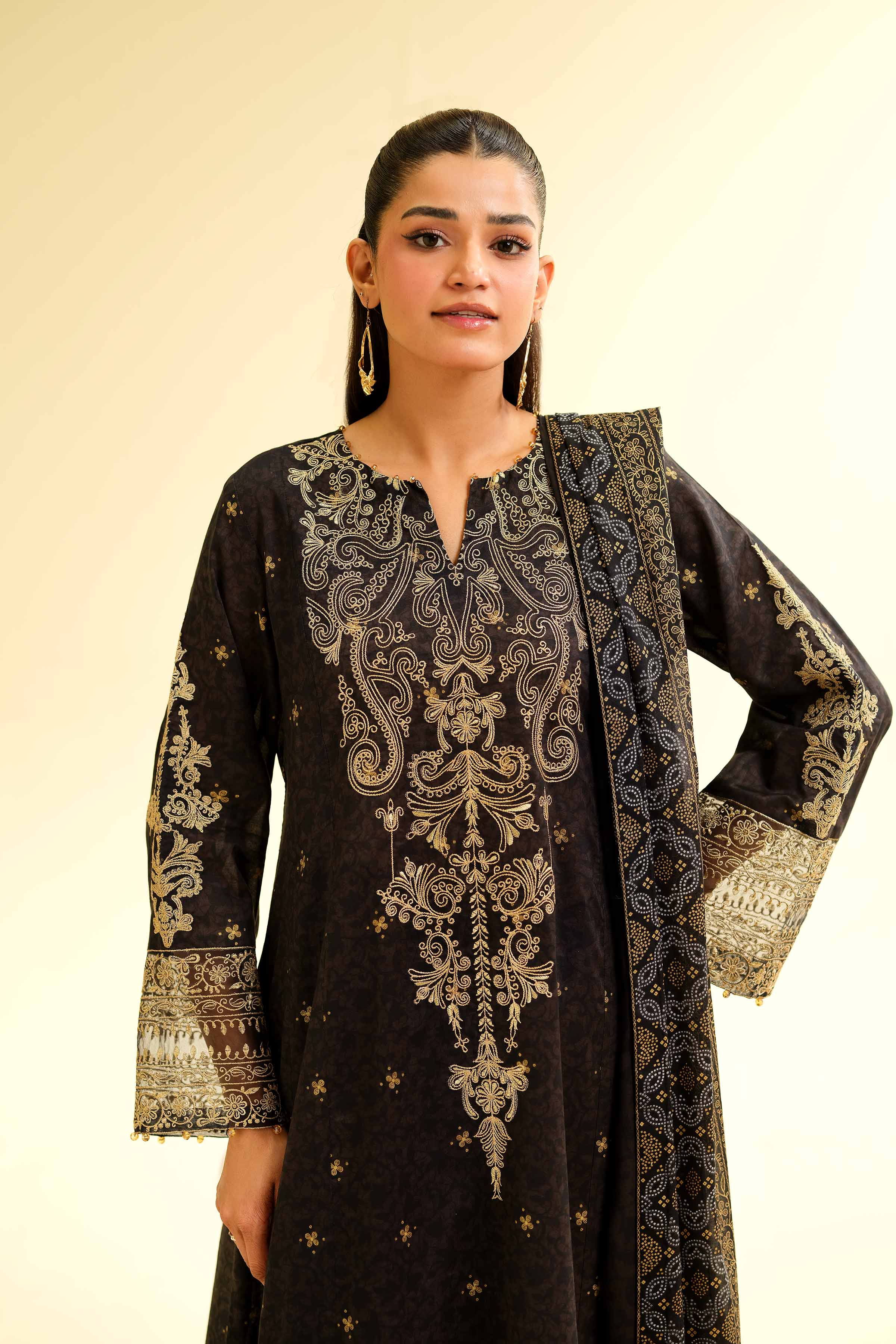 3 Piece - Gold Printed Embroidered Suit - 42501423 for Women - Unstitched Collection | Nishat | Shop Online