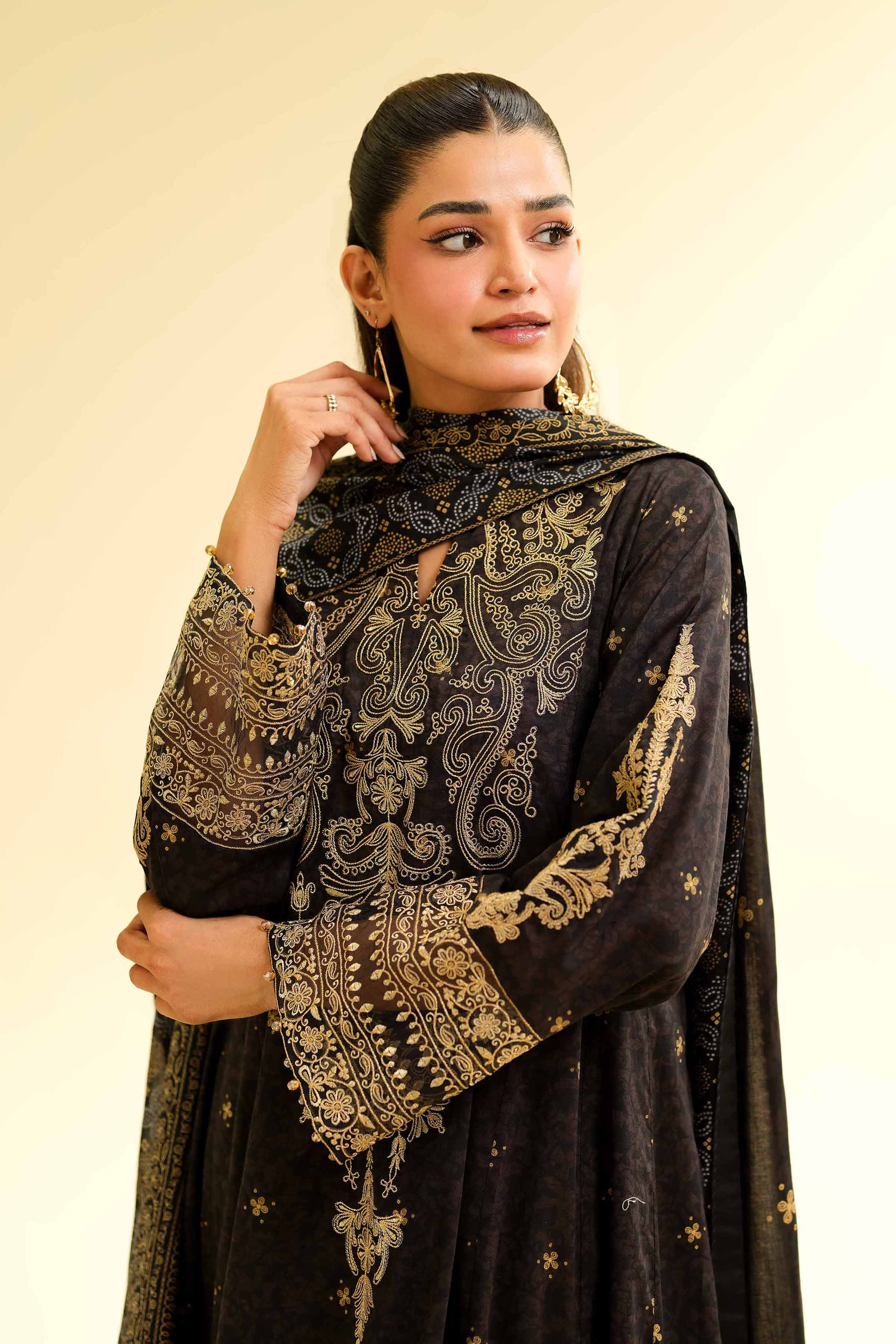 3 Piece - Gold Printed Embroidered Suit - 42501423 for Women - Unstitched Collection | Nishat | Shop Online