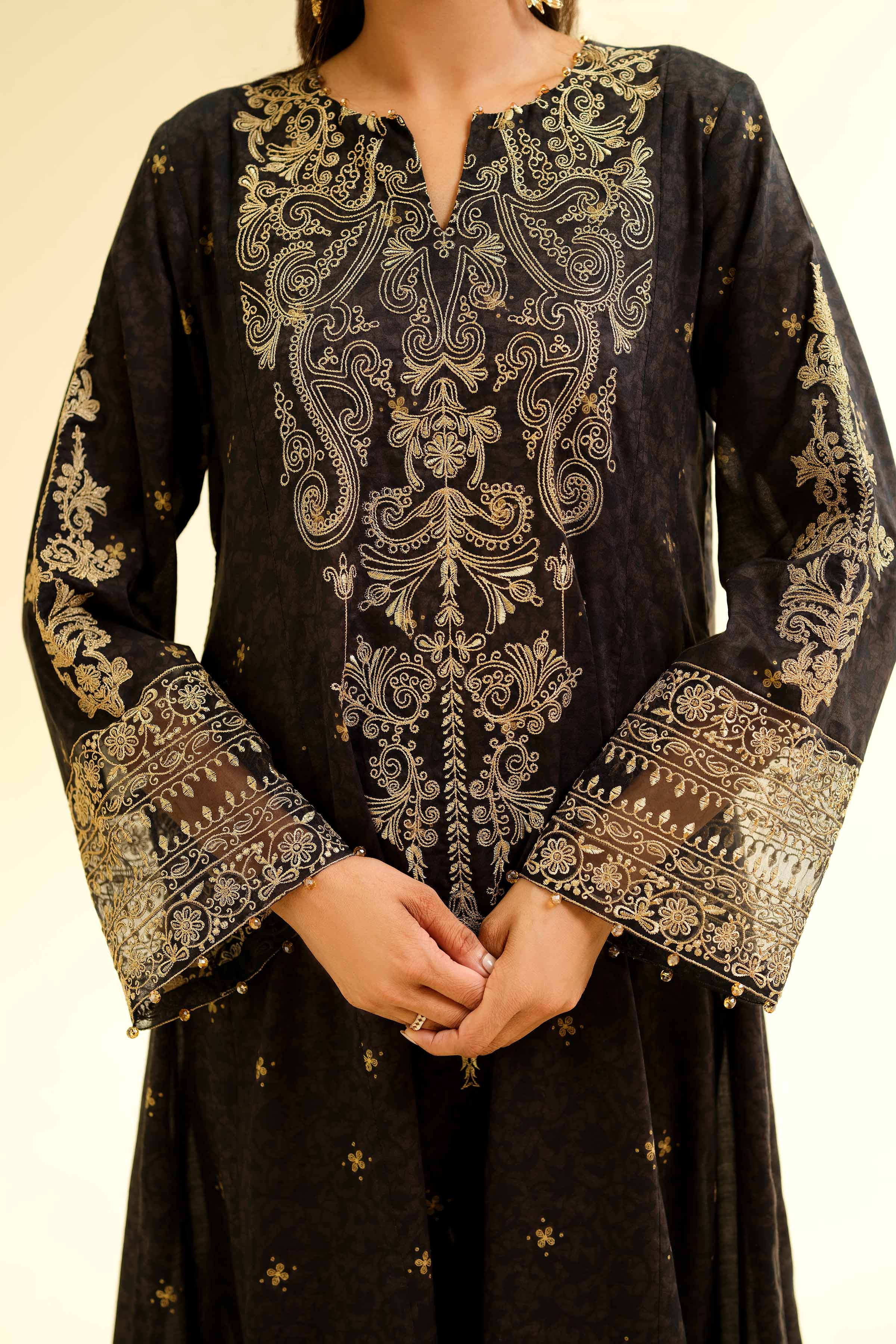 3 Piece - Gold Printed Embroidered Suit - 42501423 for Women - Unstitched Collection | Nishat | Shop Online