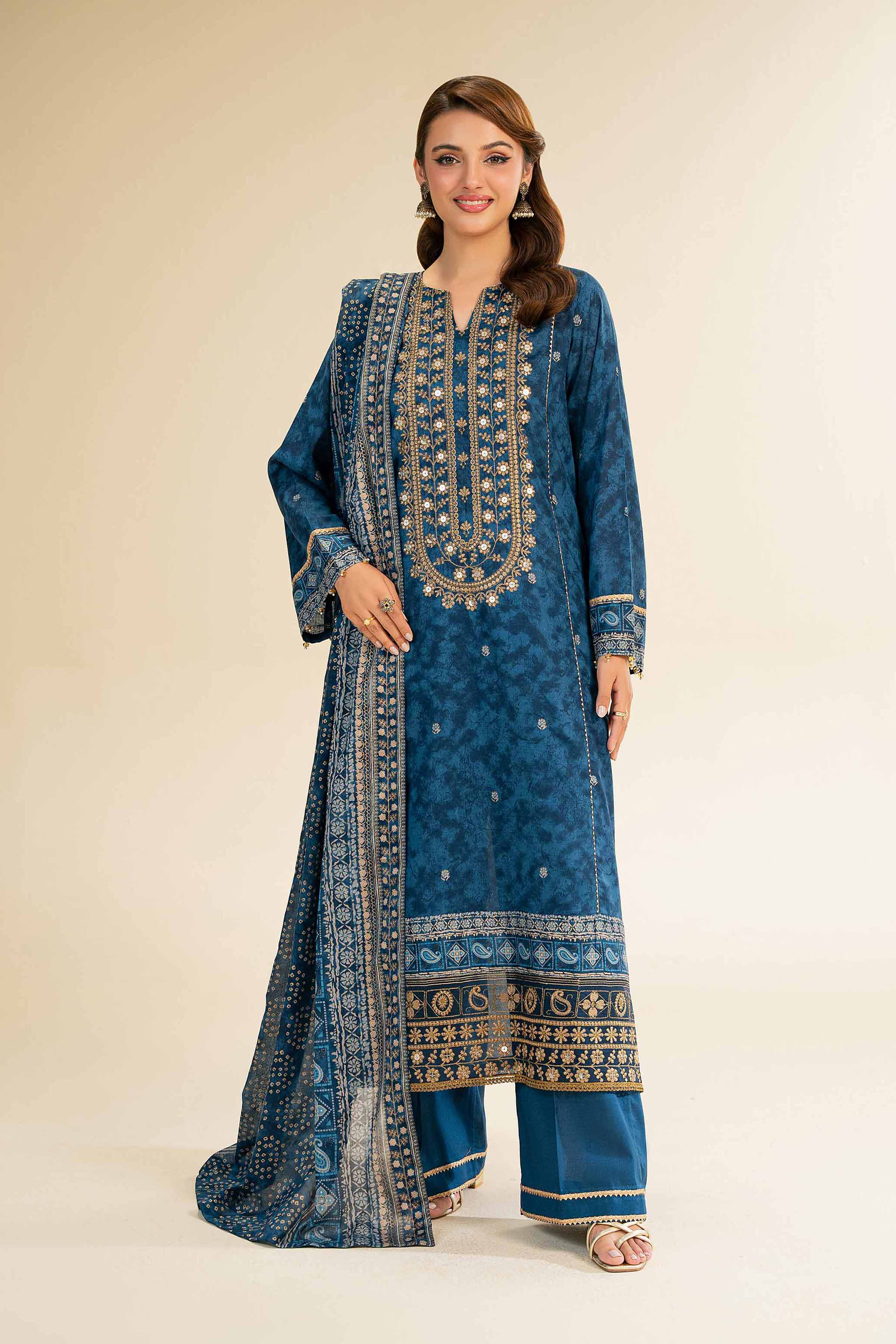 3 Piece - Gold Printed Embroidered Suit - 42501424 for Women - Unstitched Collection | Nishat | Shop Online