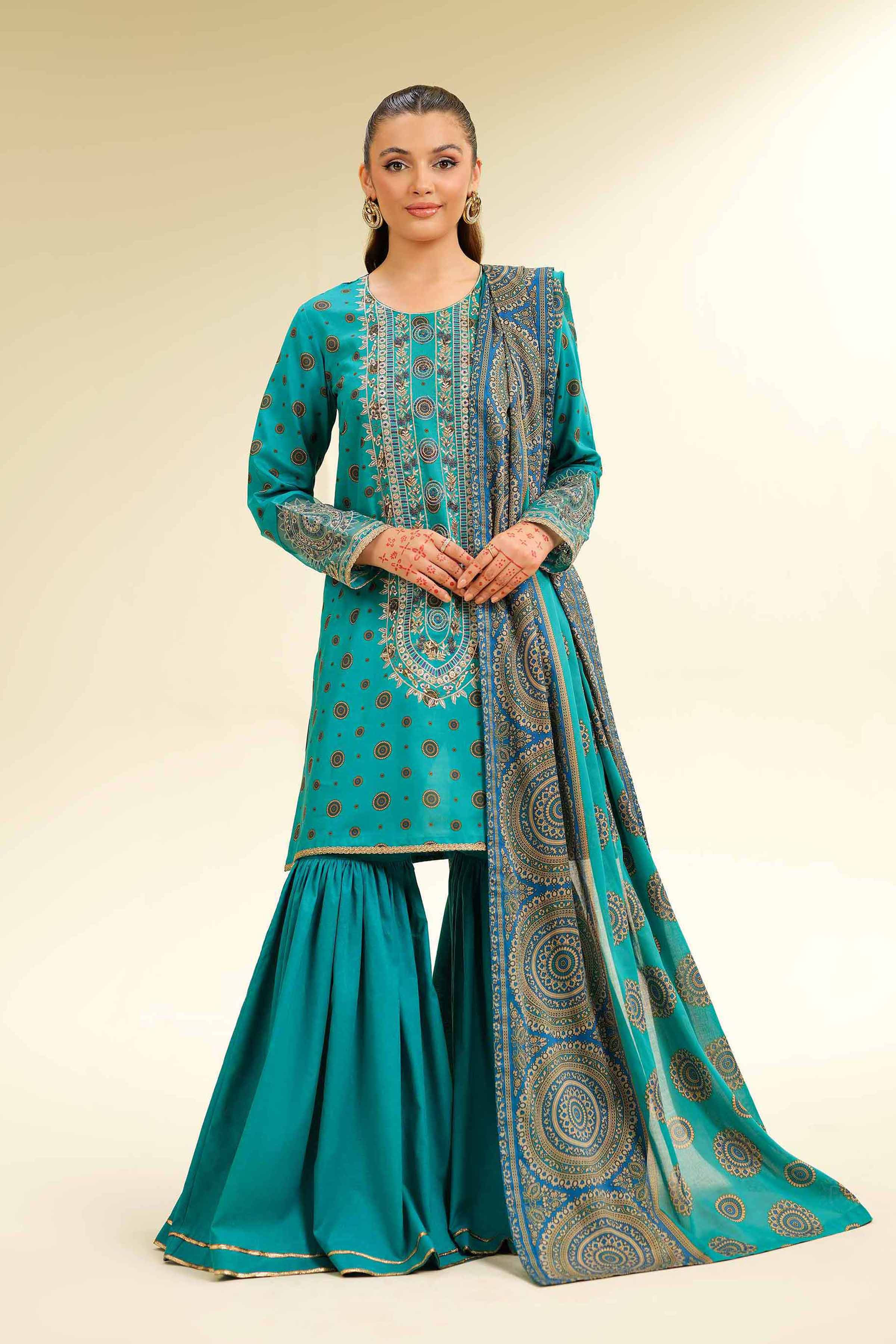 3 Piece - Gold Printed Embroidered Suit - 42501425 for Women - Unstitched Collection | Nishat | Shop Online
