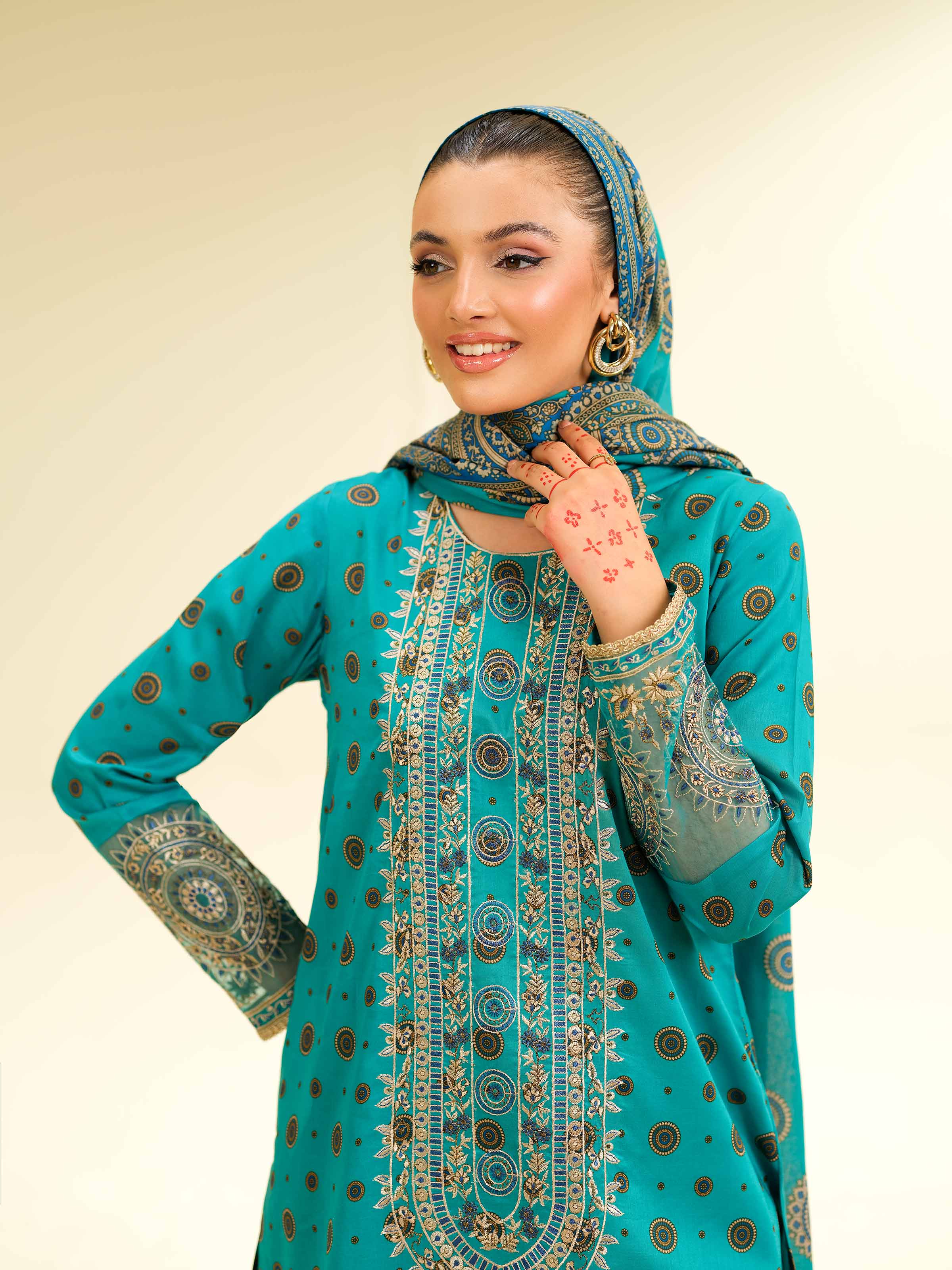 3 Piece - Gold Printed Embroidered Suit - 42501425 for Women - Unstitched Collection | Nishat | Shop Online