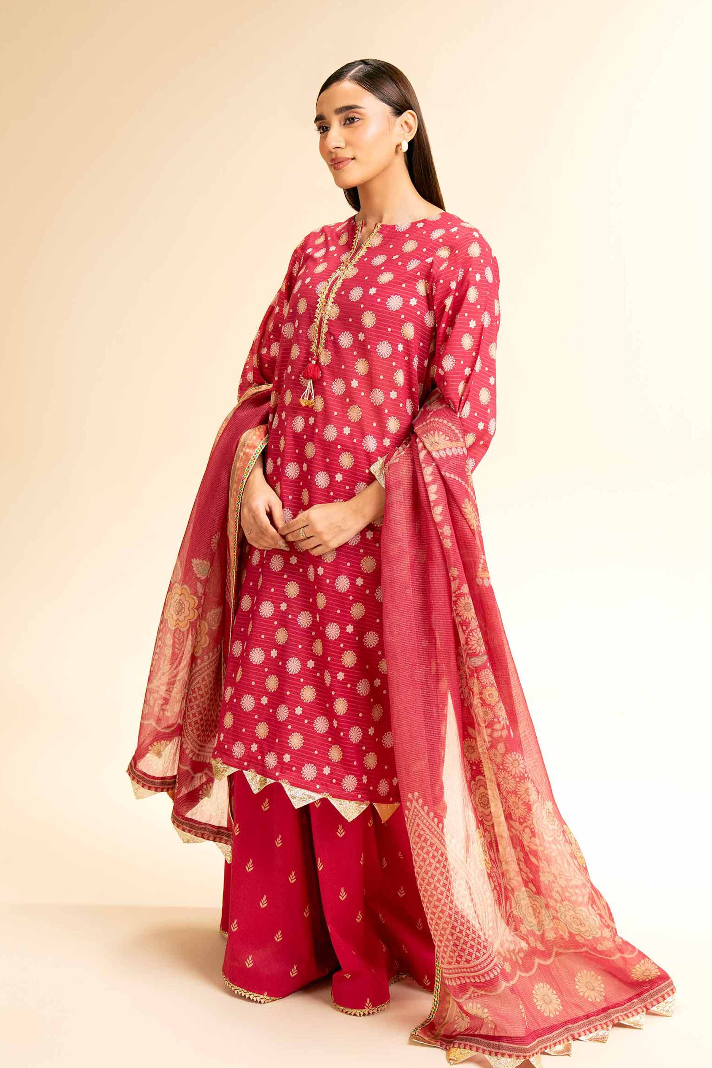 3 Piece - Printed With Gotta Laces Suit - 42501450 for Women - Unstitched Collection | Nishat | Shop Online