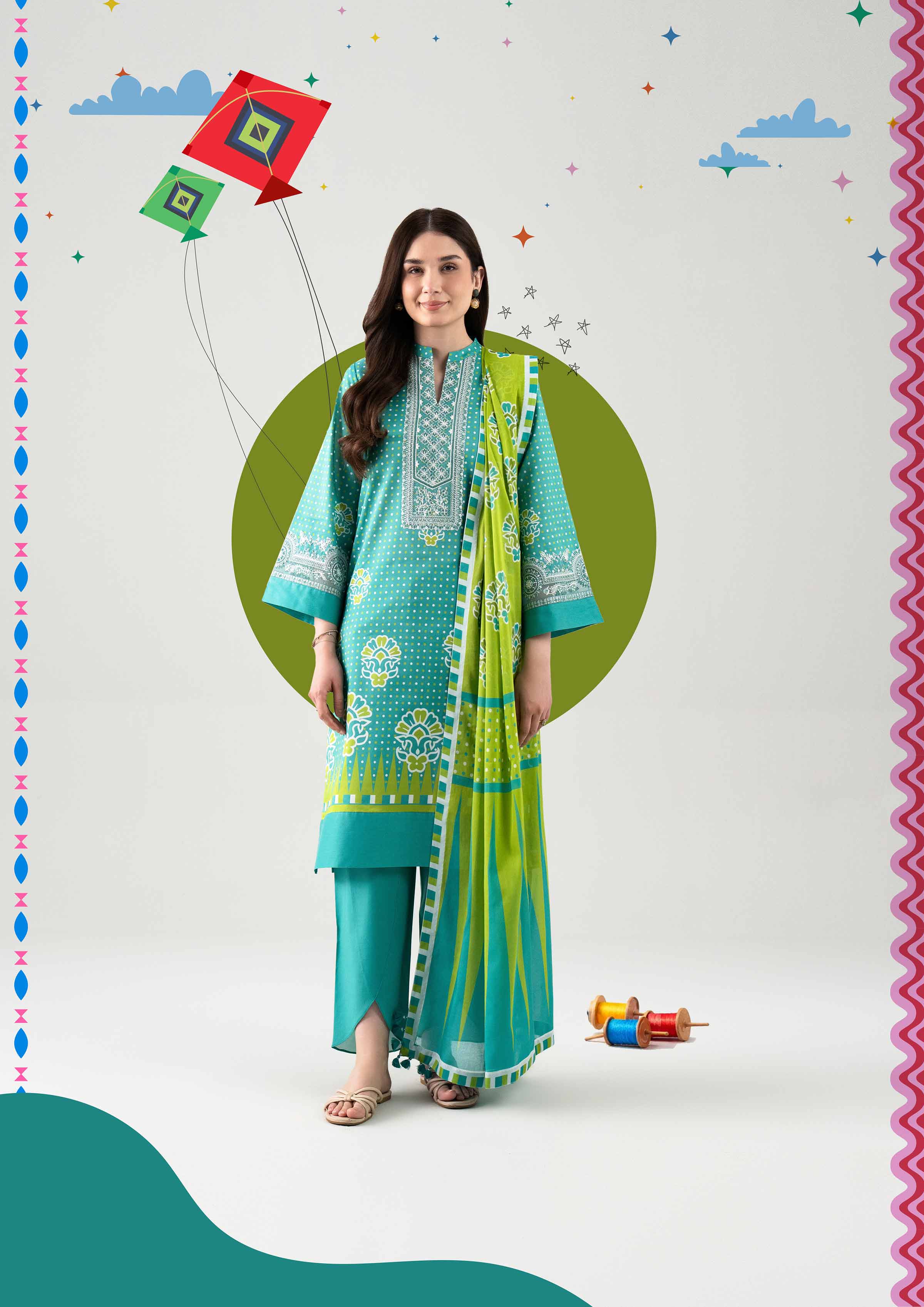 3 Piece - Digital Printed Embroidered Suit - 42601105