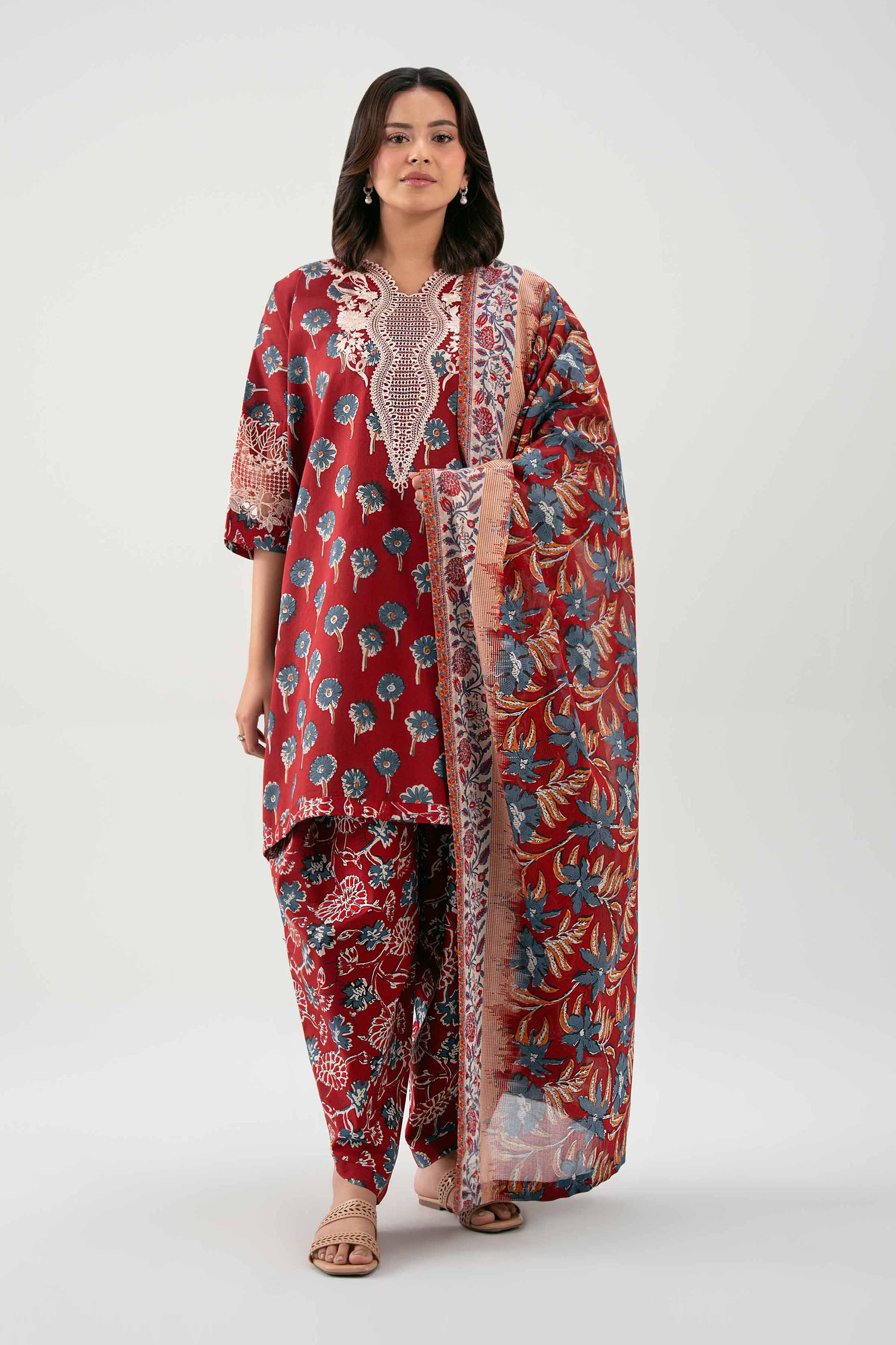 3 Piece - Printed Embroidered Suit - 42601165