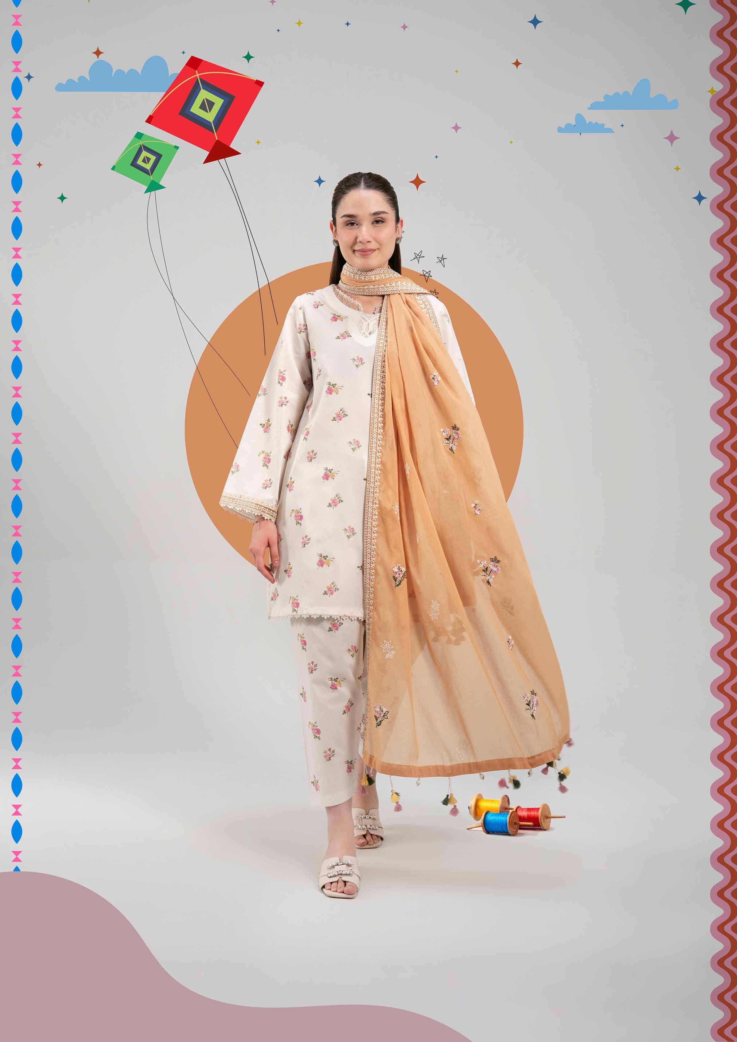 3 Piece - Printed Embroidered Suit - 42601265