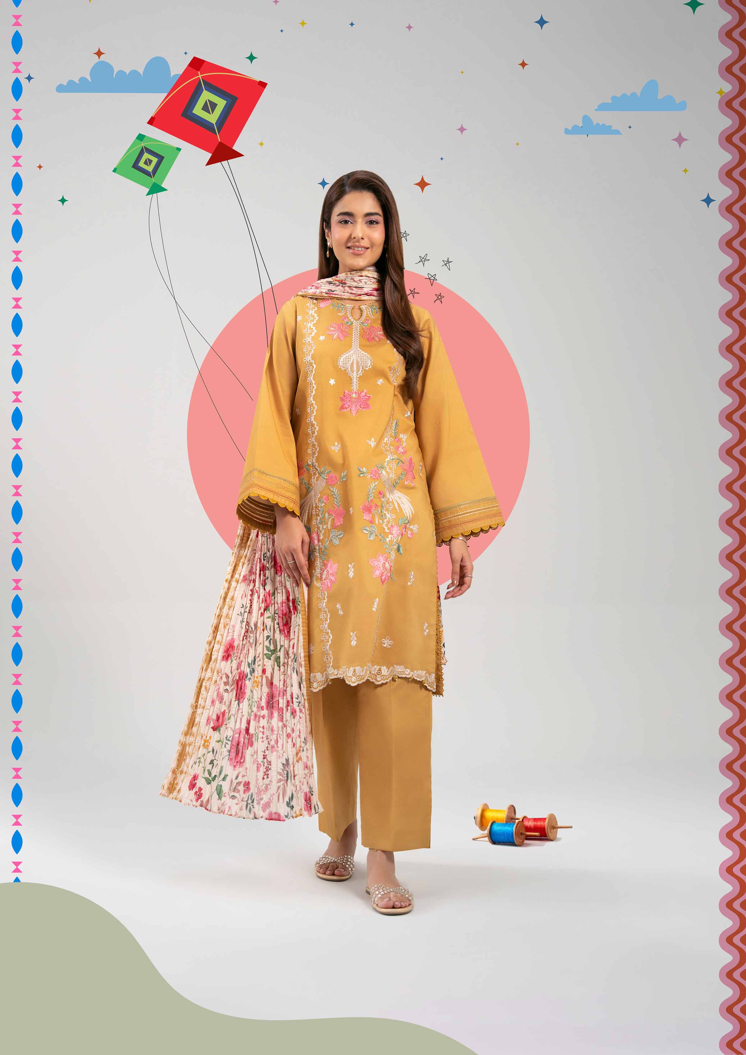 3 Piece - Printed Embroidered Suit - 42601271