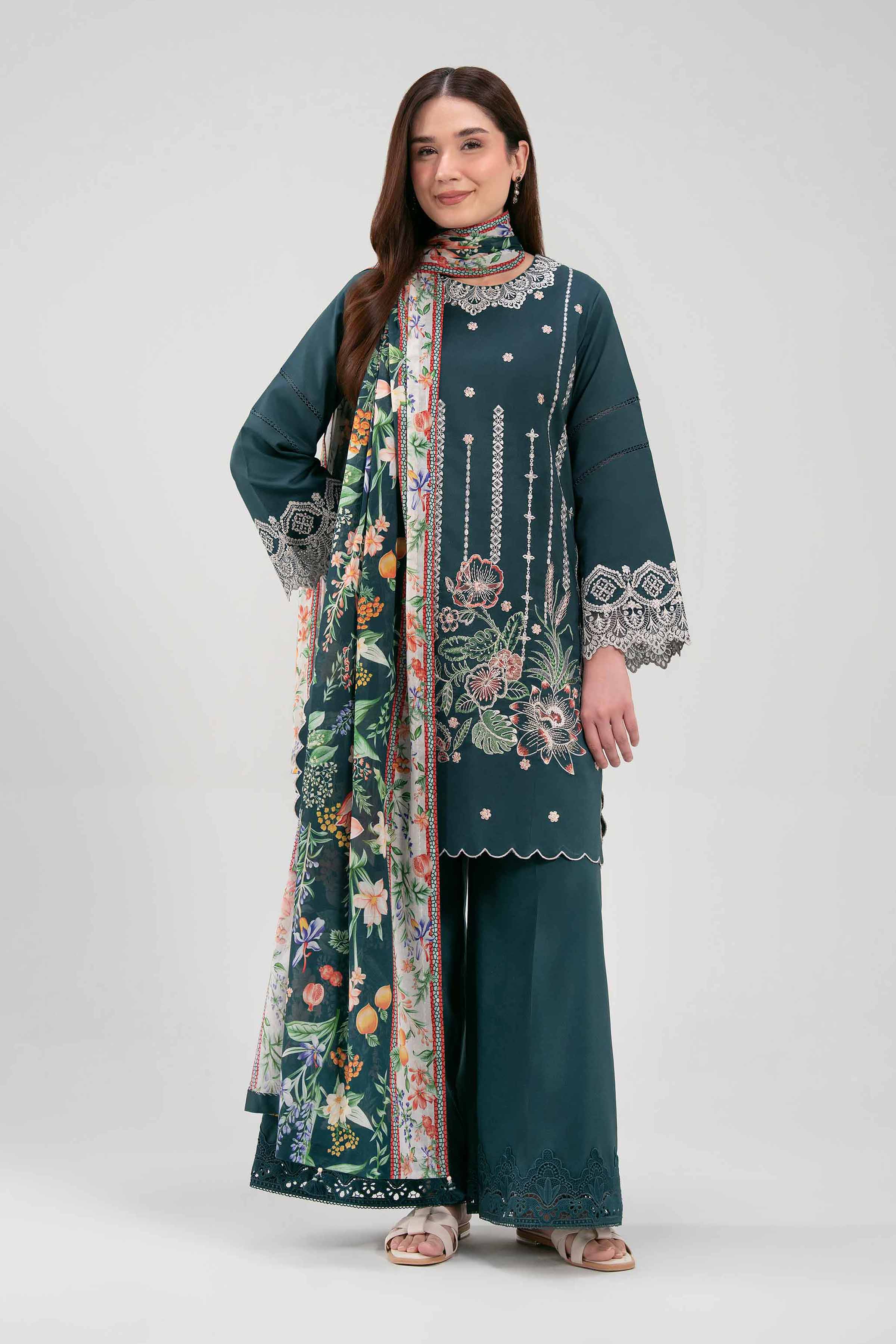 3 Piece - Printed Embroidered Suit - 42601274