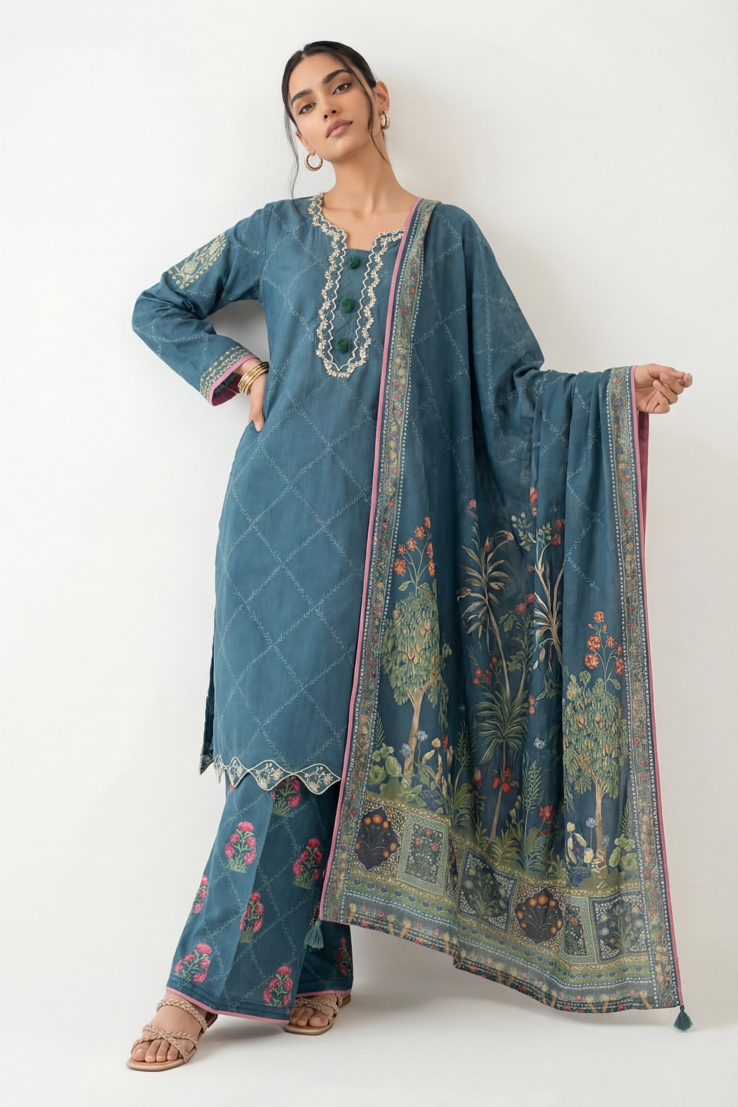 3 Piece - Digital Printed Embroidered Suit - 42601358