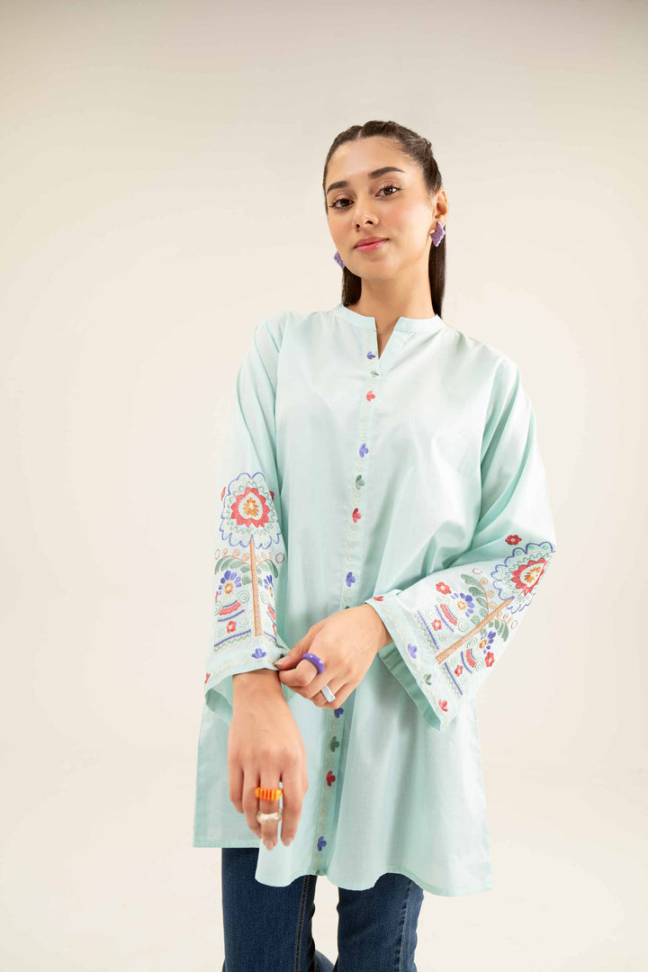 Aqua Cambric Embroidered Winter Tunic