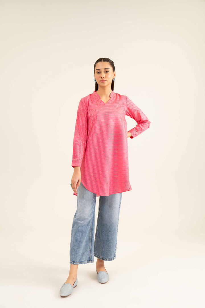 Pink Jacquard Basic Embroidered Winter Tunic