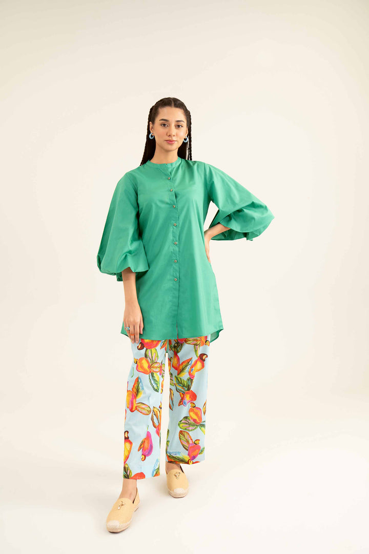 2 Piece Cambric Green & Ferozi Printed Suit