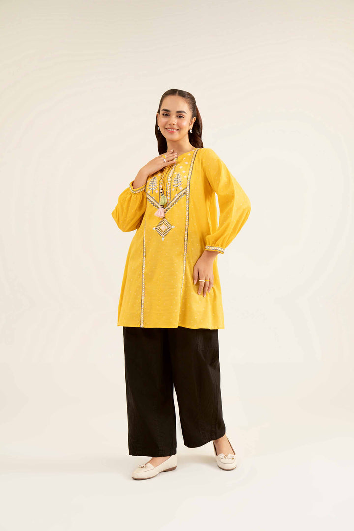 Yellow Jacquard Embroidered Winter Tunic