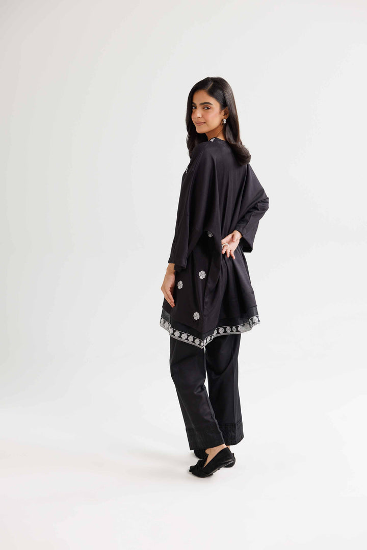 Black Jacquard Embroidered Winter Kimono