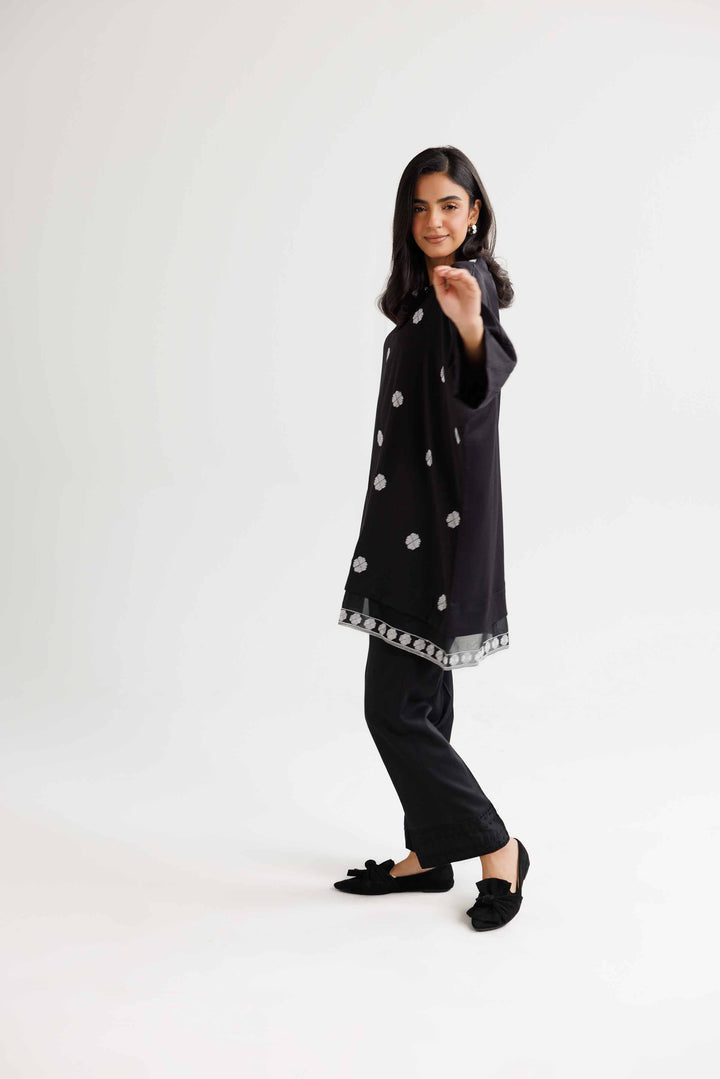 Black Jacquard Embroidered Winter Kimono