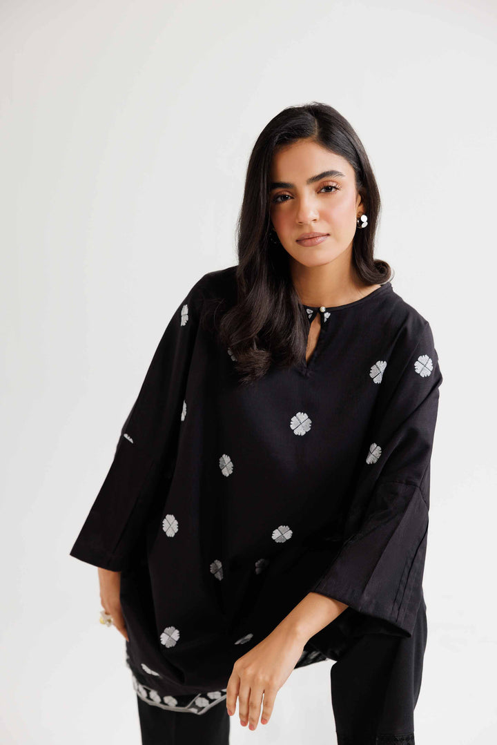 Black Jacquard Embroidered Winter Kimono