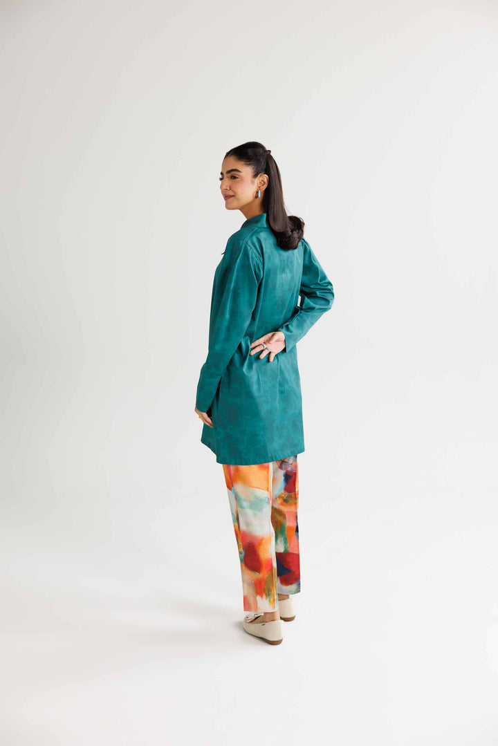 2 Piece Printed Multi & Green Winter Satin Suit