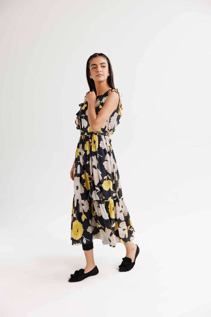 Modal Dobby Black Printed Winter Dress