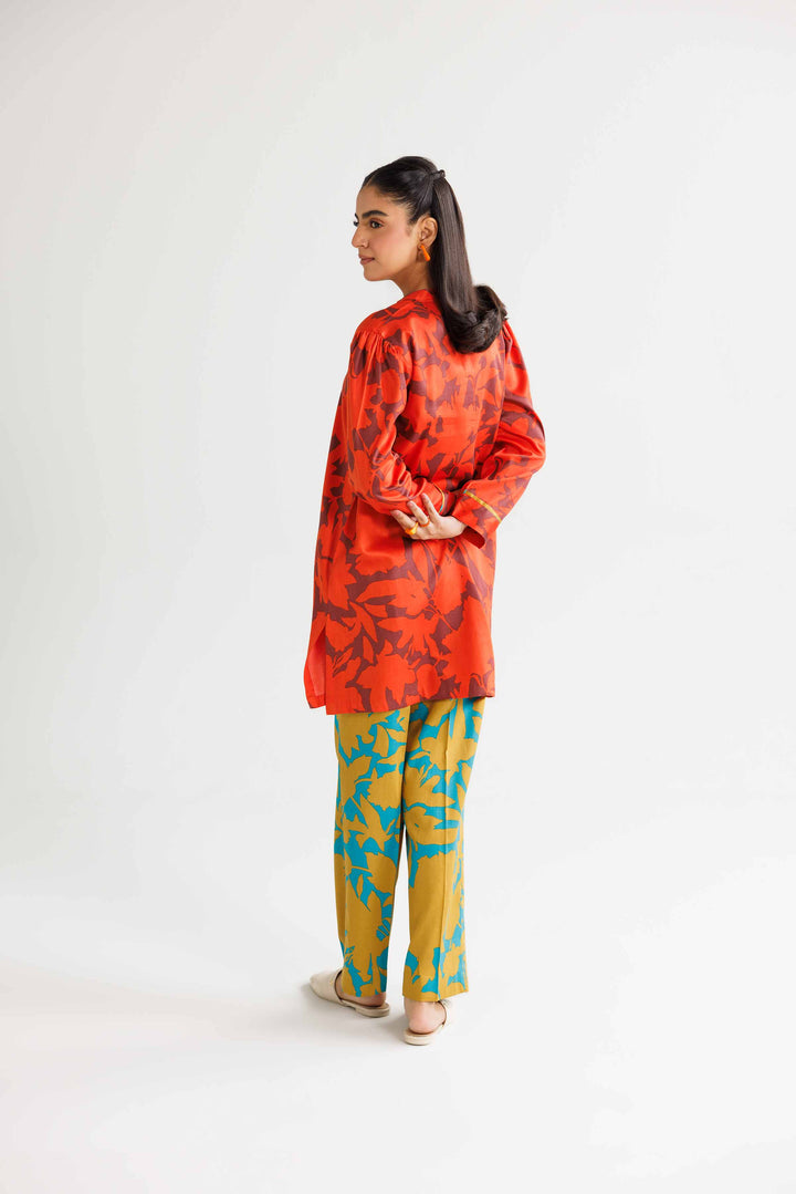 2 Piece Printed Orange & Green Winter Satin Suit