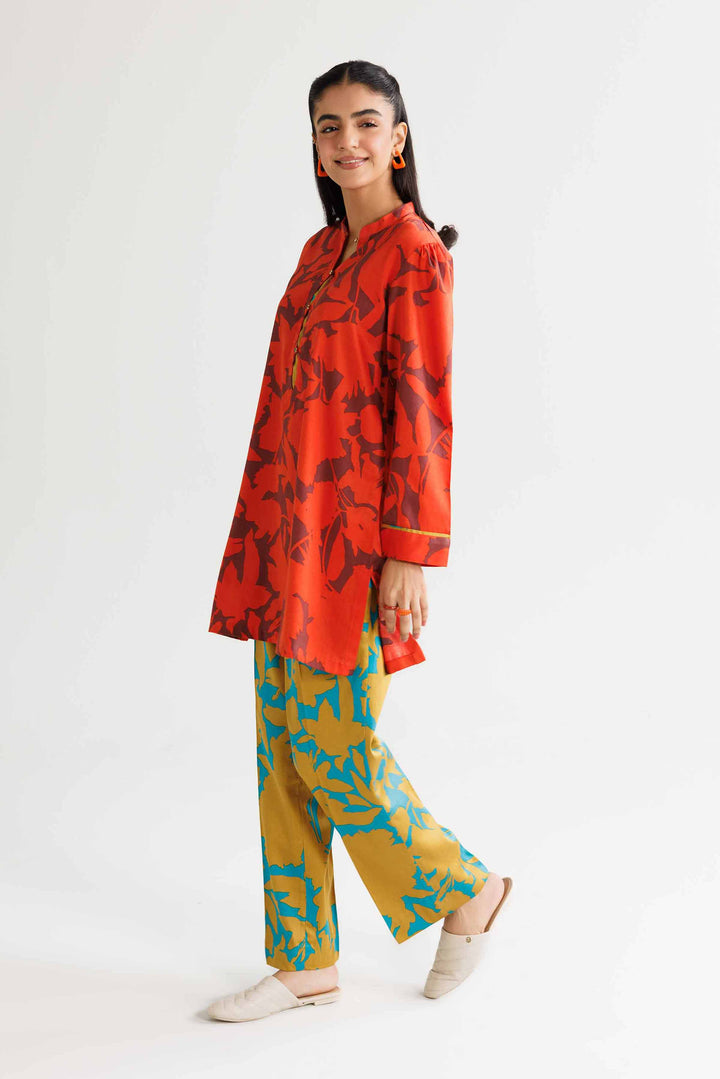 2 Piece Printed Orange & Green Winter Satin Suit