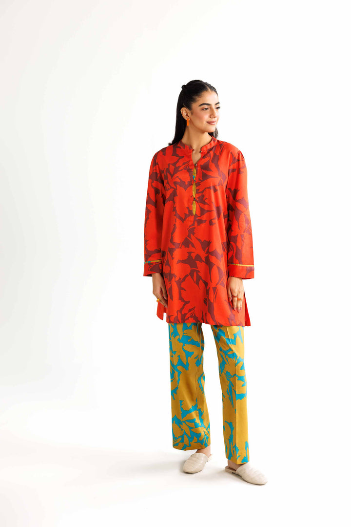 2 Piece Printed Orange & Green Winter Satin Suit