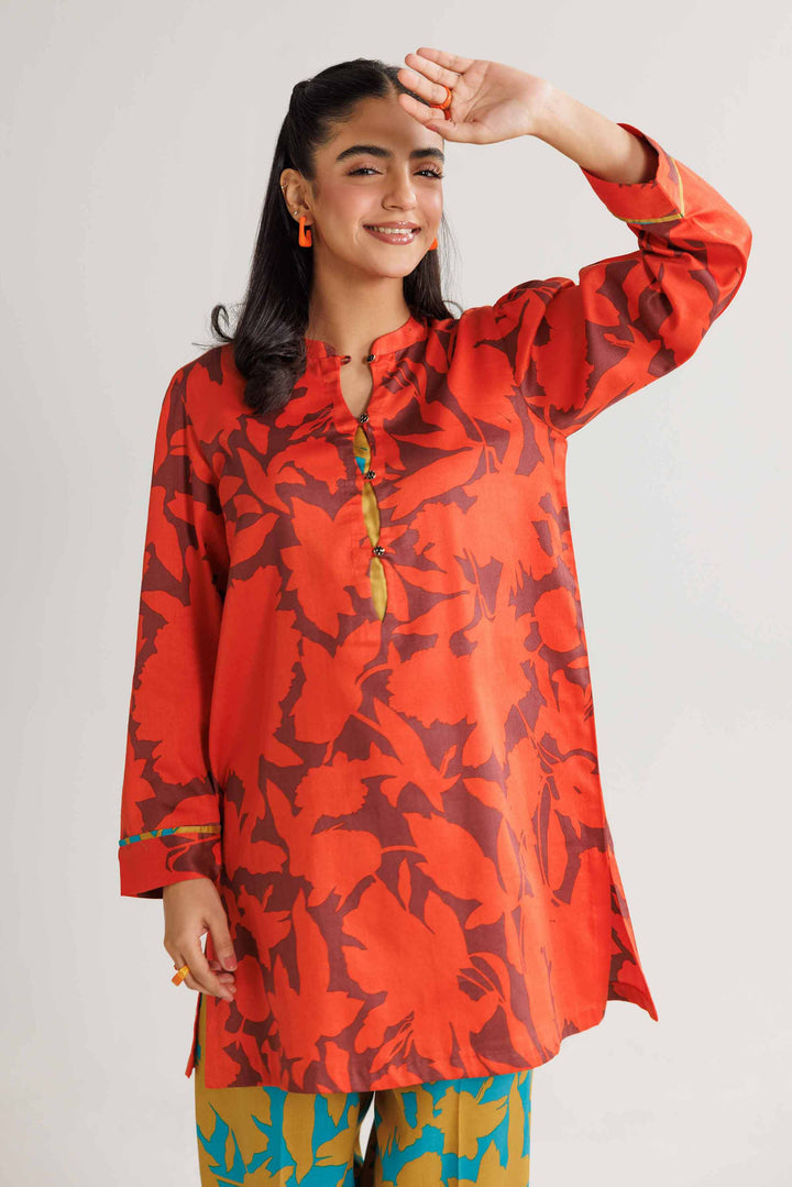 2 Piece Printed Orange & Green Winter Satin Suit