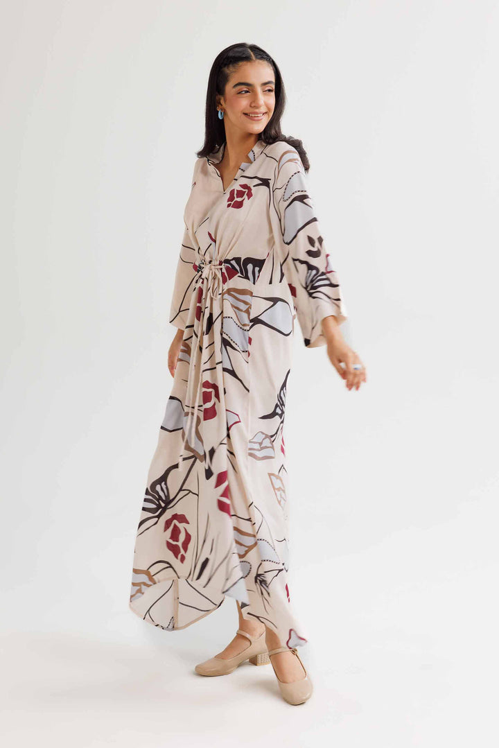 Beige Micro Modal Printed Winter Dress