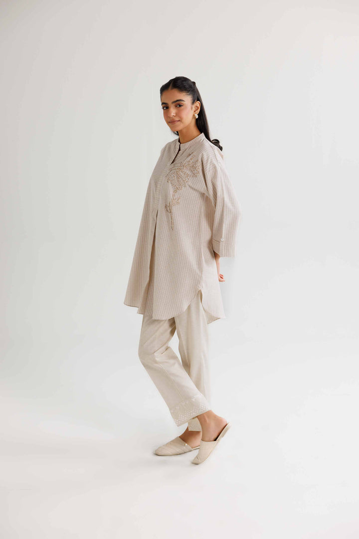 Beige Yarn Dyed Embroidered Winter Tunic