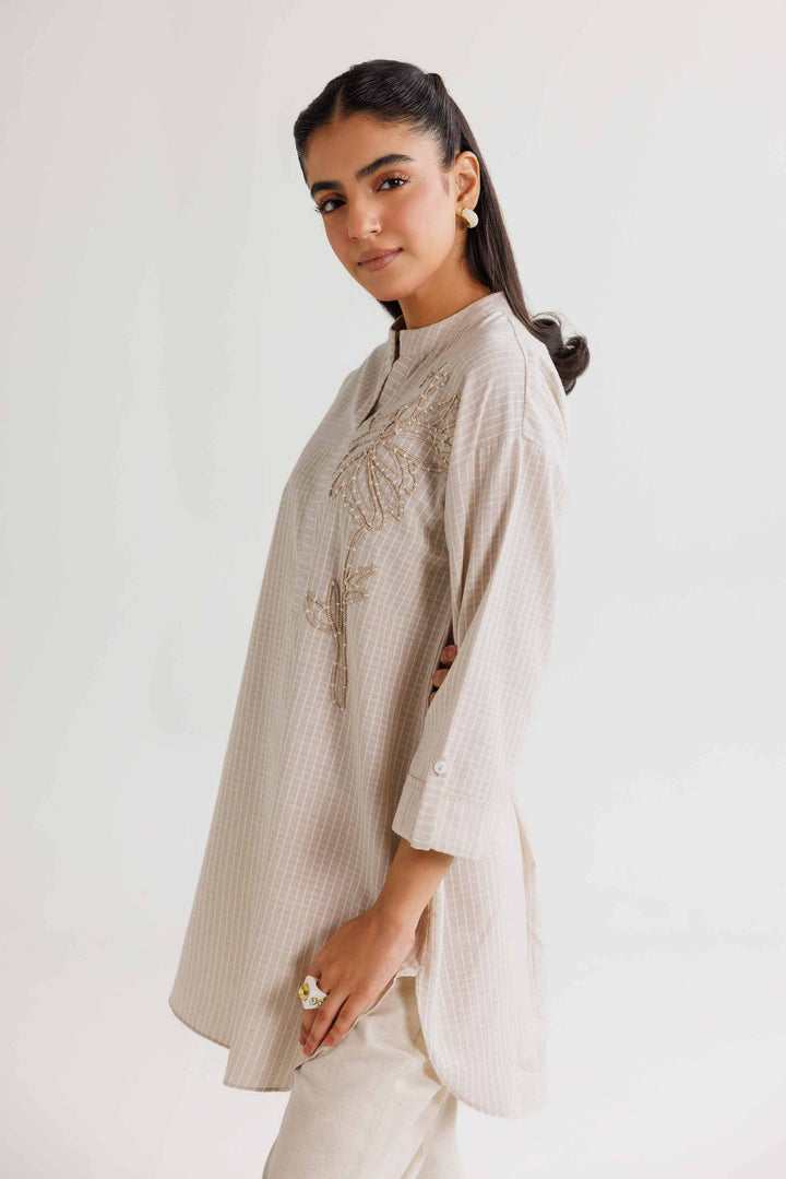 Beige Yarn Dyed Embroidered Winter Tunic