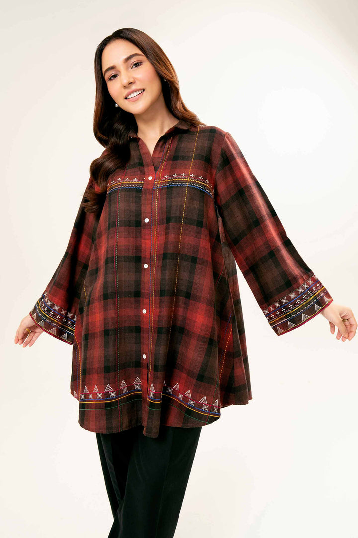 Printed Embroidered Maroon Yarn Dyed Tunic 