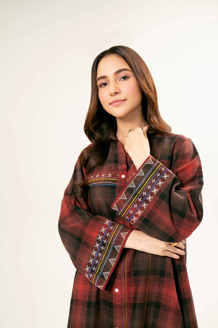 Printed Embroidered Maroon Yarn Dyed Tunic 