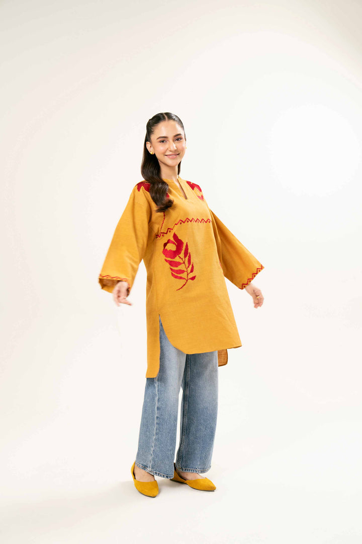 Embroidered Mustard Yarn Dyed Tunic