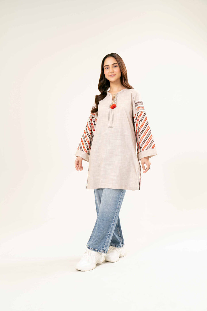 Embroidered Beige Yarn Dyed Tunic