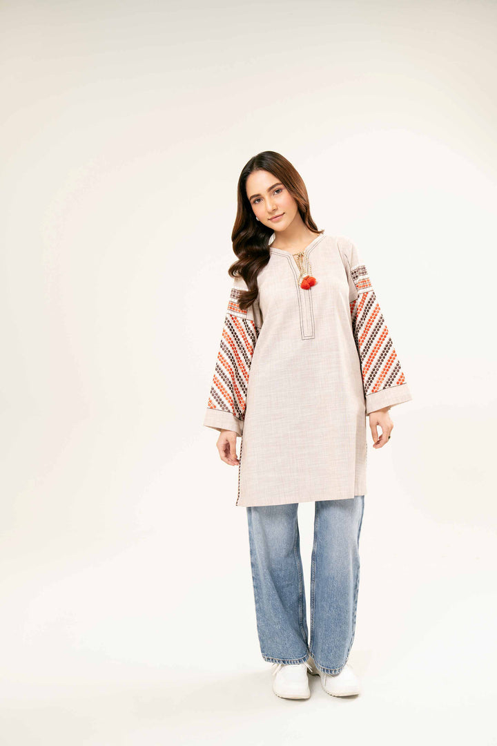 Embroidered Beige Yarn Dyed Tunic