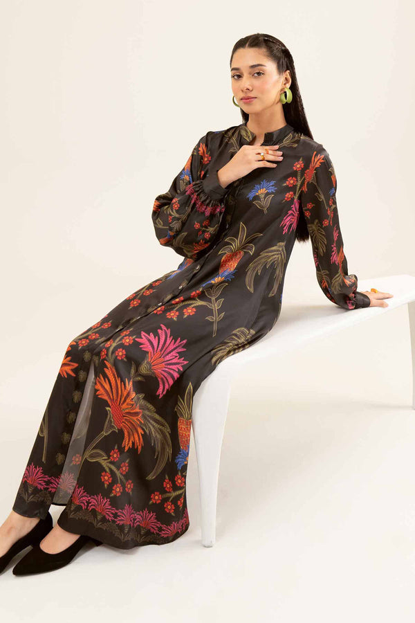 1 Piece Black Silk Printed Winter Dress