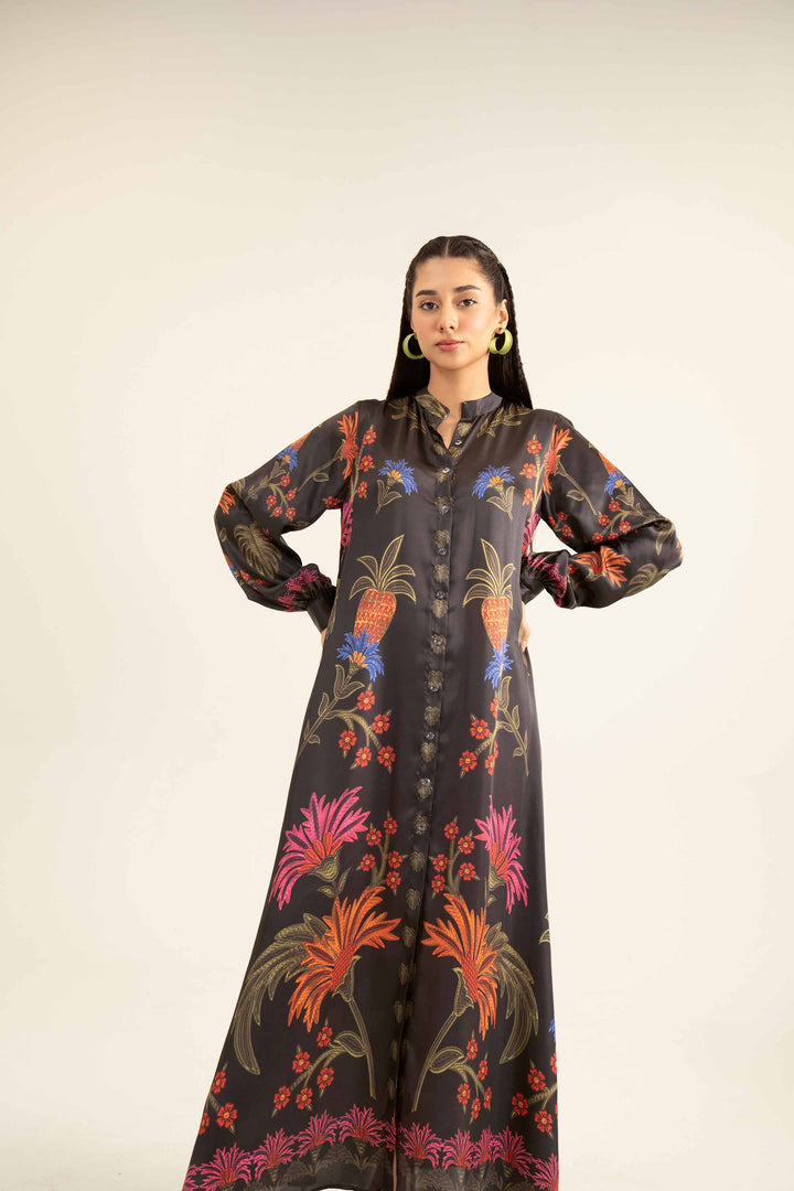 1 Piece Black Silk Printed Winter Dress