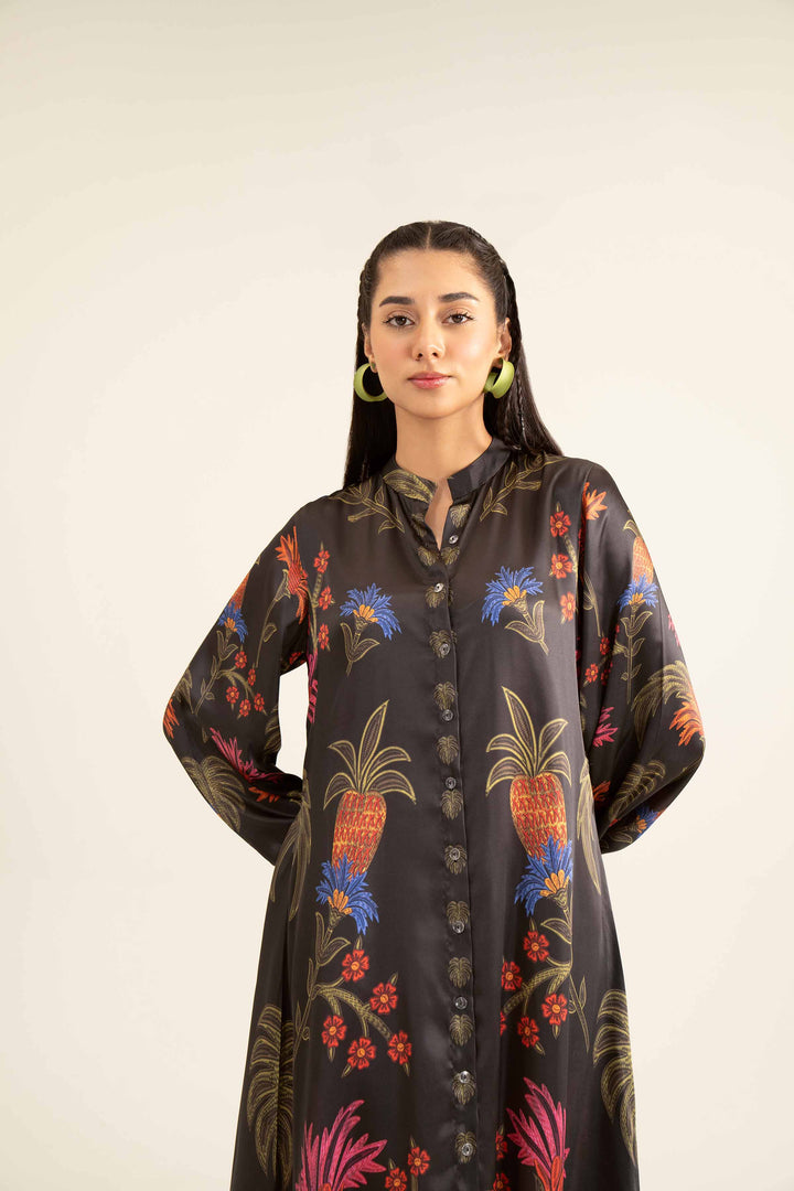 1 Piece Black Silk Printed Winter Dress