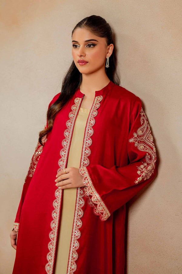 Embroidered Red Fancy Polyester Gown